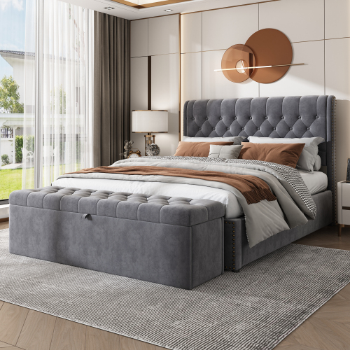 Upholstered Bed 140 X 200 Cm, With Hydraulic Lever, Functional Bed With Slatted Base And Storage Space, With Upholstered Bench, Bench With Storage Space, Velvet, Grey