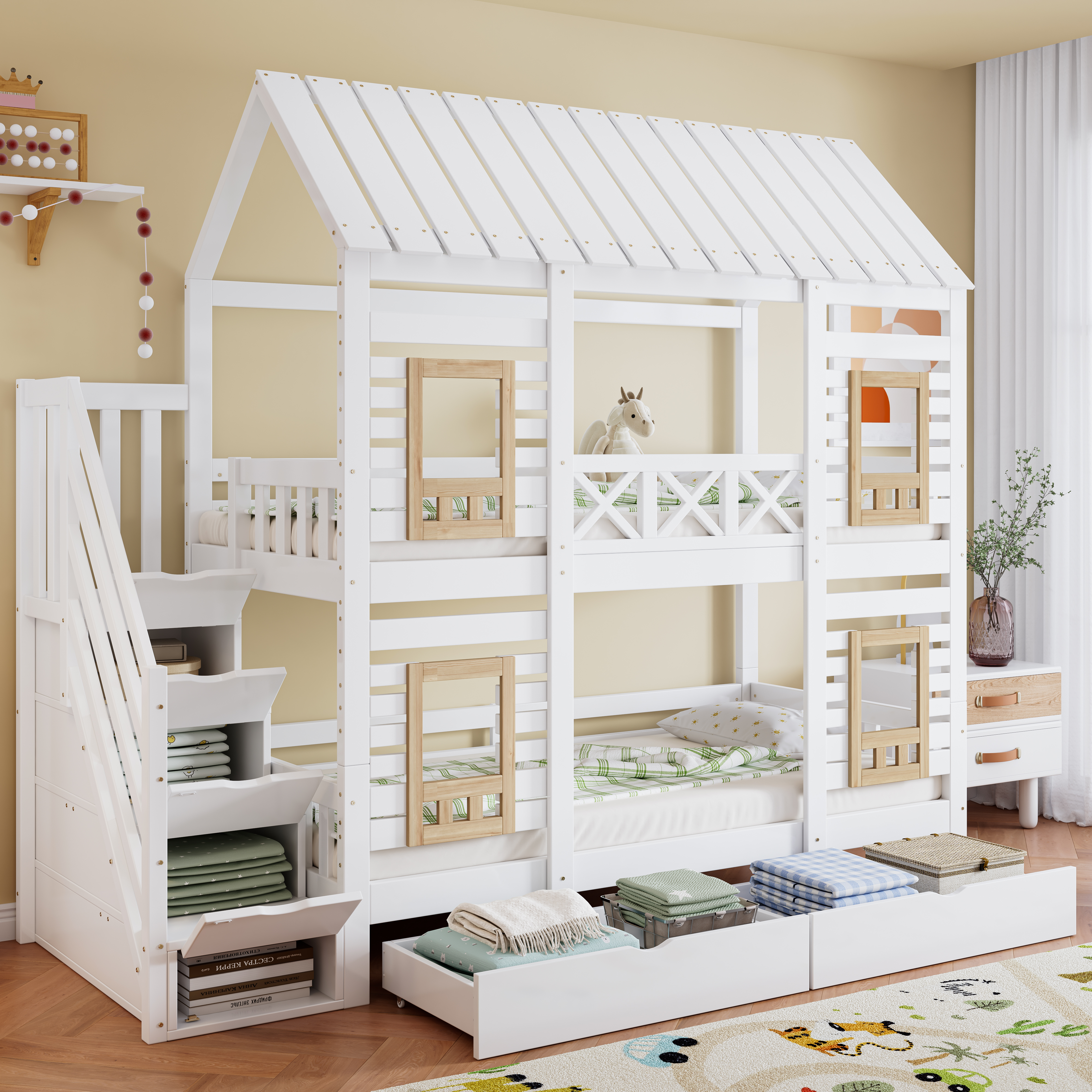 Bunk Bed, Children's Bed, With Contrasting Fall Protection Grille, With Window, Two Drawers With Wheels, Staircase With 4 Storage Compartments, Pine MDF, White Natural, 90x200cm