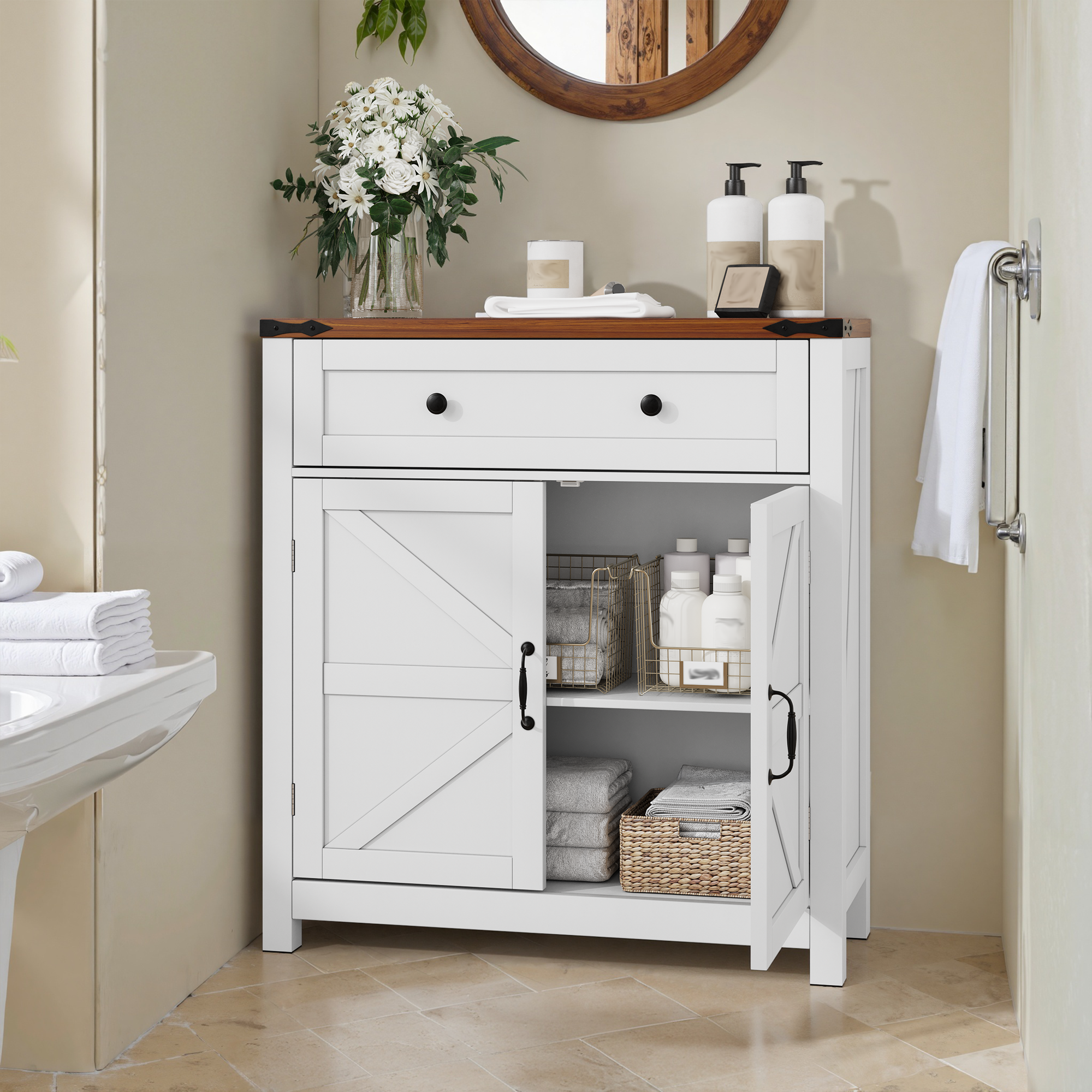 Farmhouse Storage Cabinets With Drawers And Adjustable Shelves, White Kitchen Cabinets With Walnut Countertops, Modern Coffee Bar Console Cabinets For Kitchen, Dining Room, Bathroom, Entrance