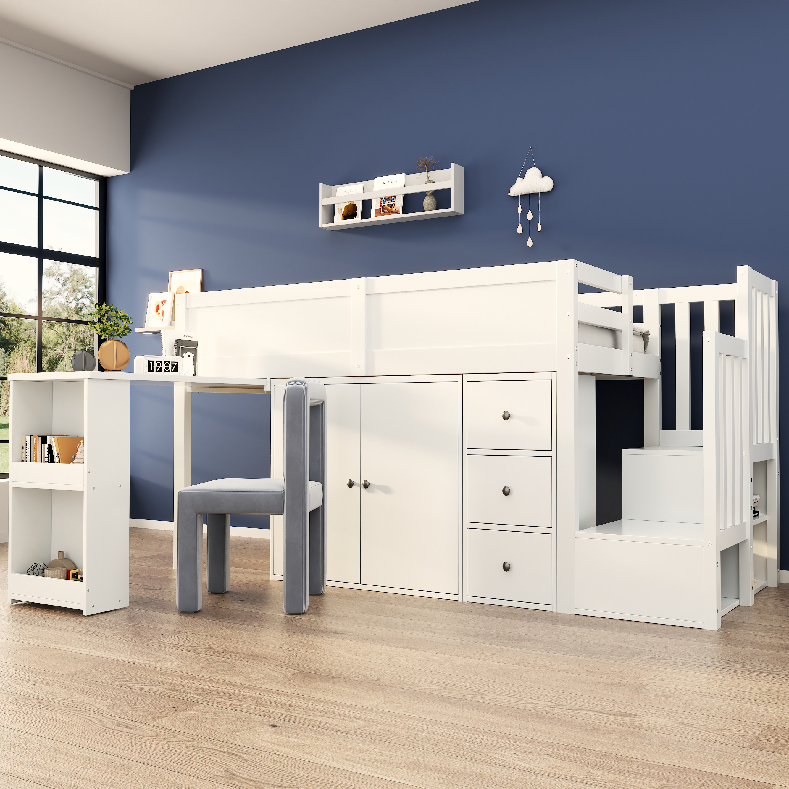 Children's Loft Bed, Multifunctional Cot, With Pull-out Desk And Side Storage Compartment, With Cupboard, With Drawer, With Stairs And Stair Cupboard, Without Mattress, MDF, White 90X200