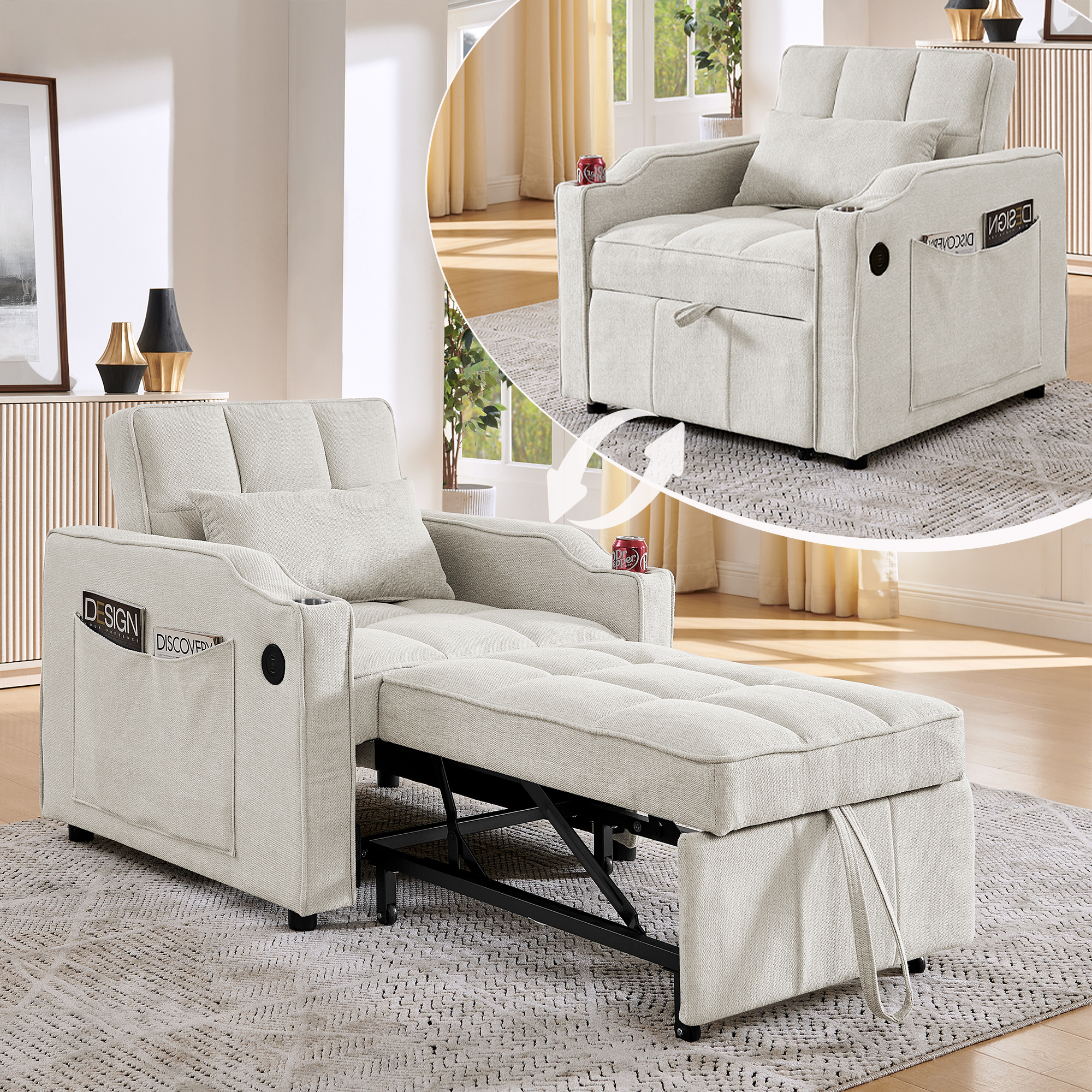 3-in-1 Armchair Bed With USB Type-C Port, Sofa Bed 190cm With Stainless Steel Cup Holder, Bed Function & 3-stage Adjustable Backrest, Side Pockets. I