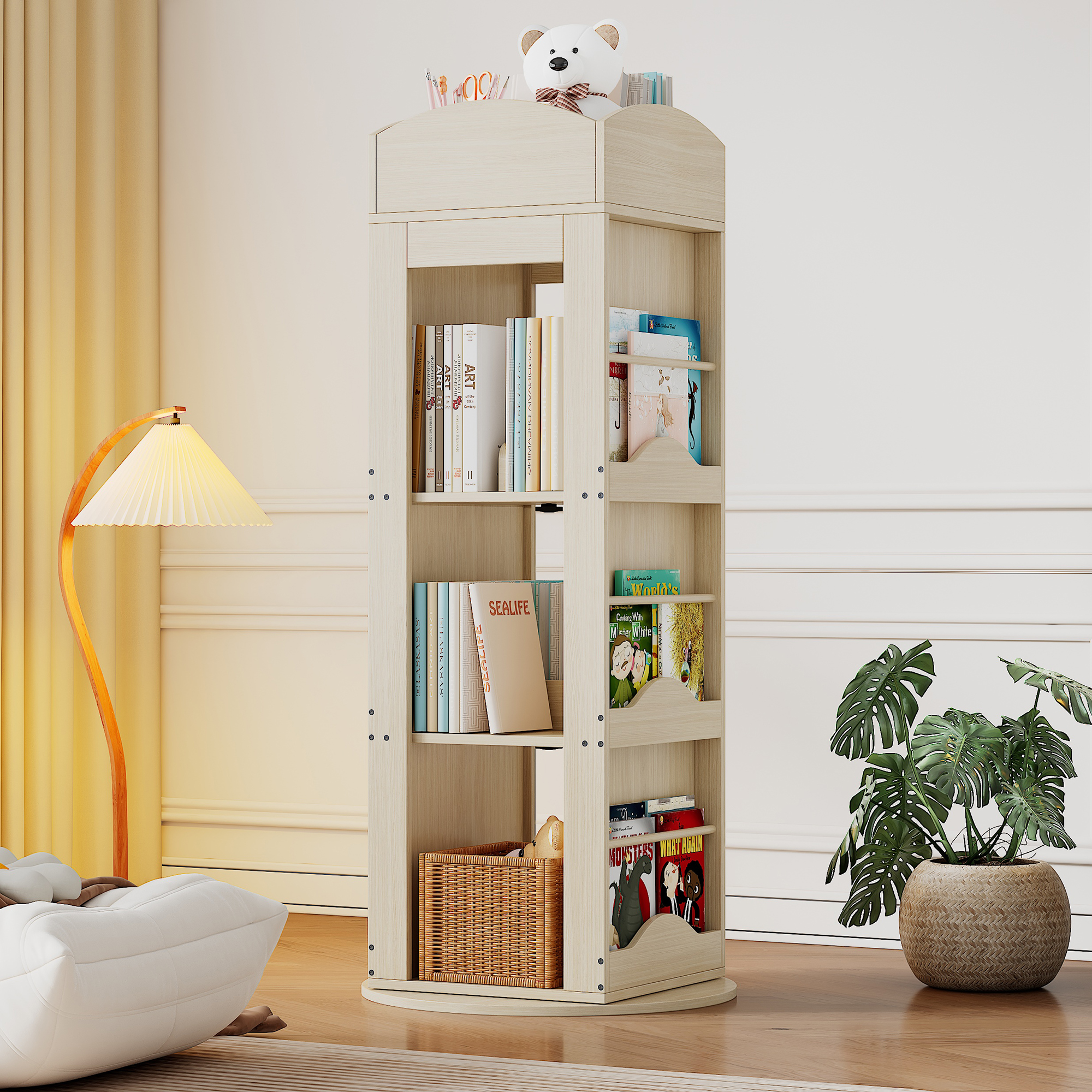 Swivel Bookcase, Standing Shelf, Picture Book Shelf With 360 Degree Rotation Function, Storage Rack For Children And Adults, Multifunctional Bookcase 4 Shelves, 142x63x63 Cm