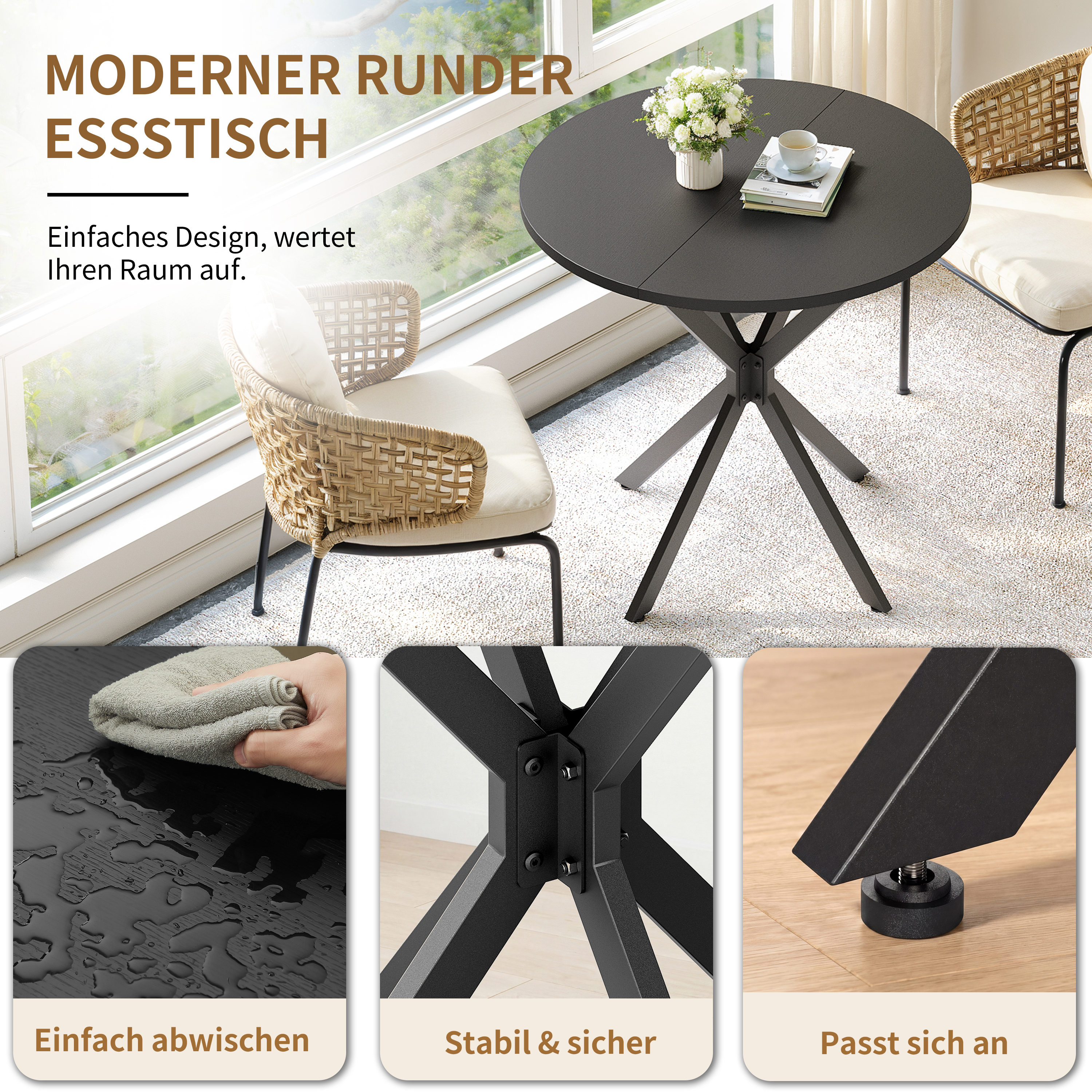 Round Table With Knock Knees, 80 Cm - Kitchen And Dining Table For Home Office, Balcony Or As A Coffee Table - Black 5