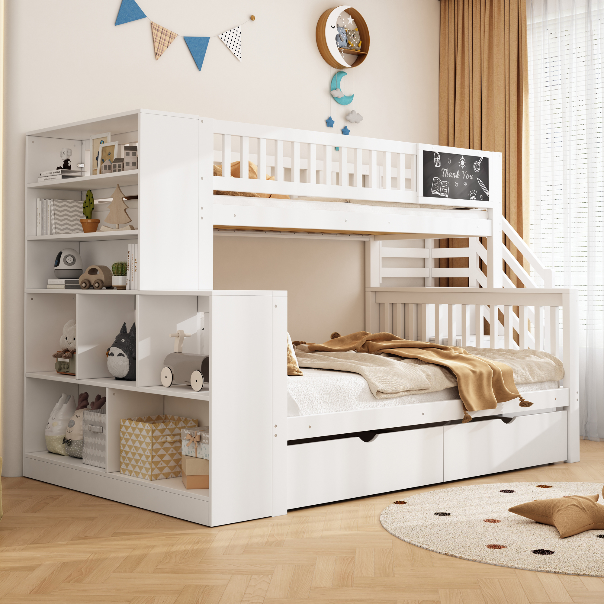 House Bed, Toddler Bed, Bunk Double Bed, With Graffiti Board, Multifunctional Cot, With Stairs And Storage Cabinets, With Drawers, 140x200cm & 90x200cm, White OLD SKU N634P1941312457W