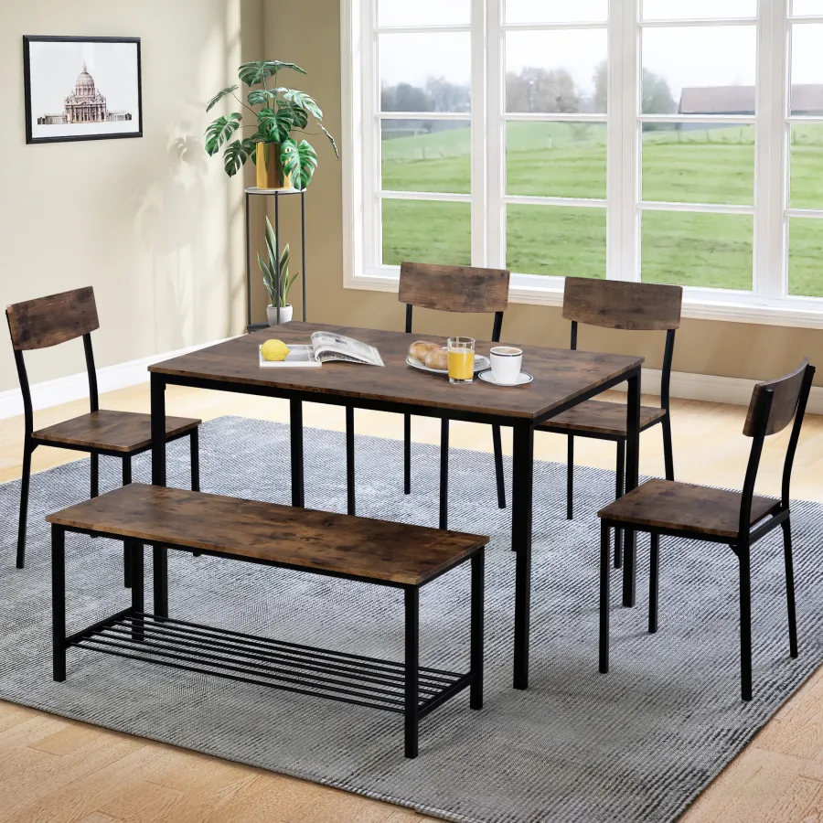 Dining Table Chair And Bench Set 6 Wood Steel Frame Industrial Style K