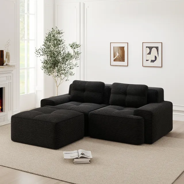 Modulares Cordsofa Schwarz mit Ottoman