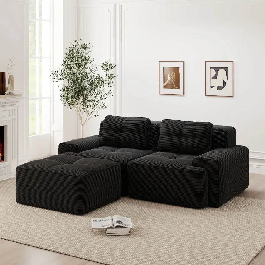 Modulares Cordsofa Schwarz mit Ottoman