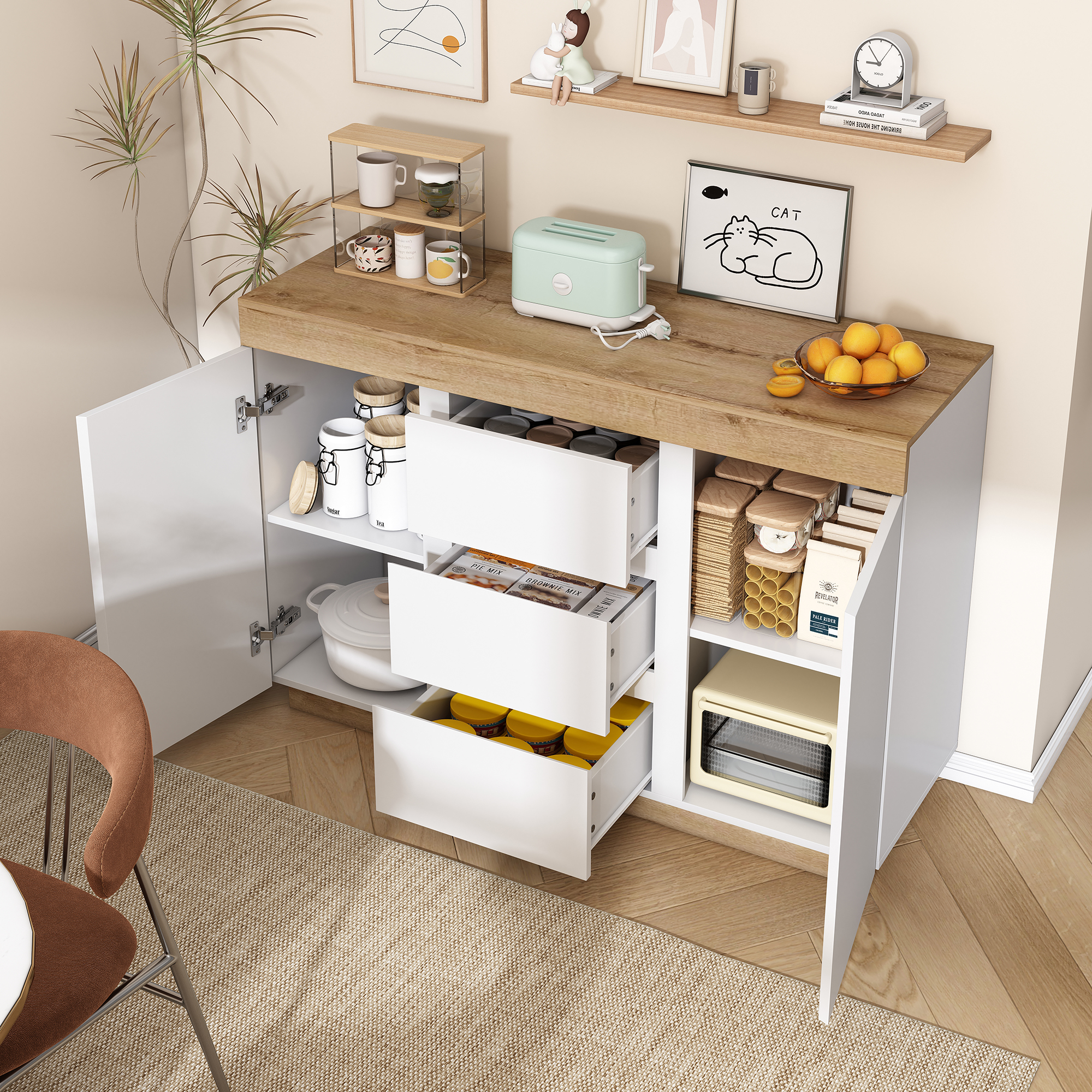 Chest Of Drawers With 3 Drawers And 2 Doors, Locker, Function Of Storage, For Bedroom And Living Room, E1 Chipboard, White Oak