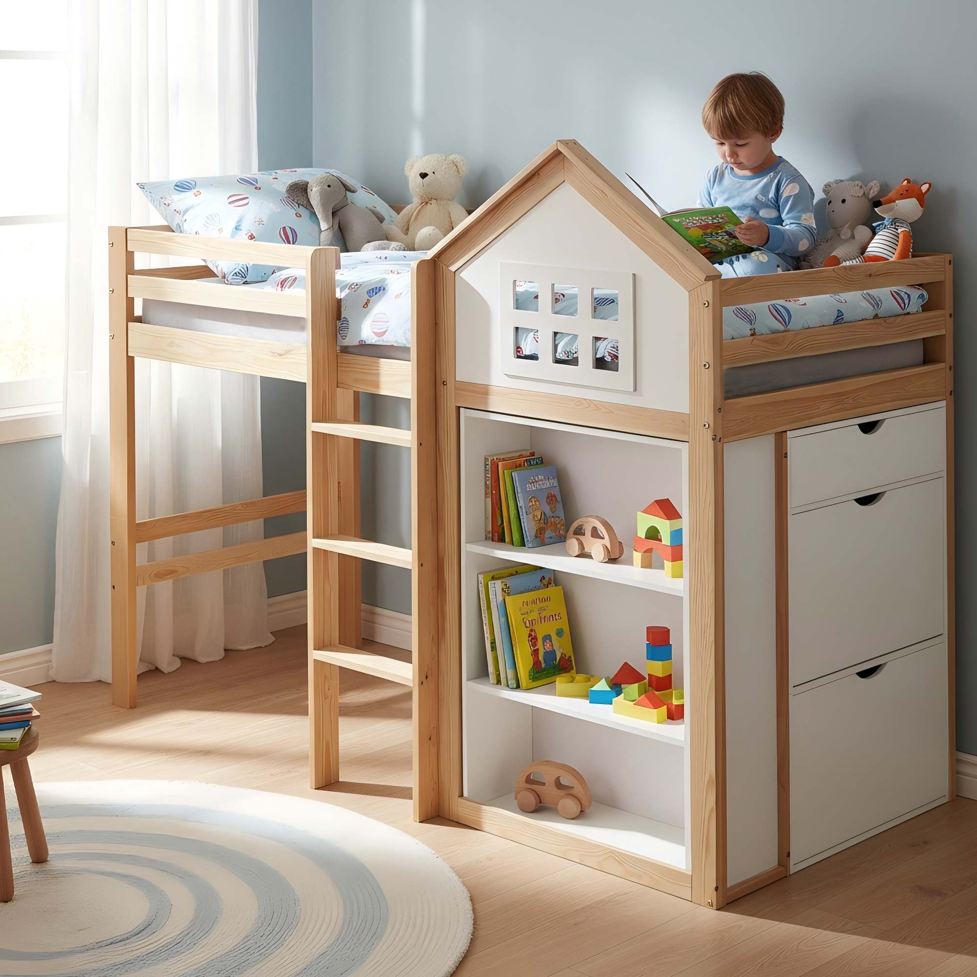 Loft Bed, Cot, With Storage Compartments And Drawers, Stable Steps, Safety Railing, Pine  MDF  Plywood, White Natural, 90x200cm