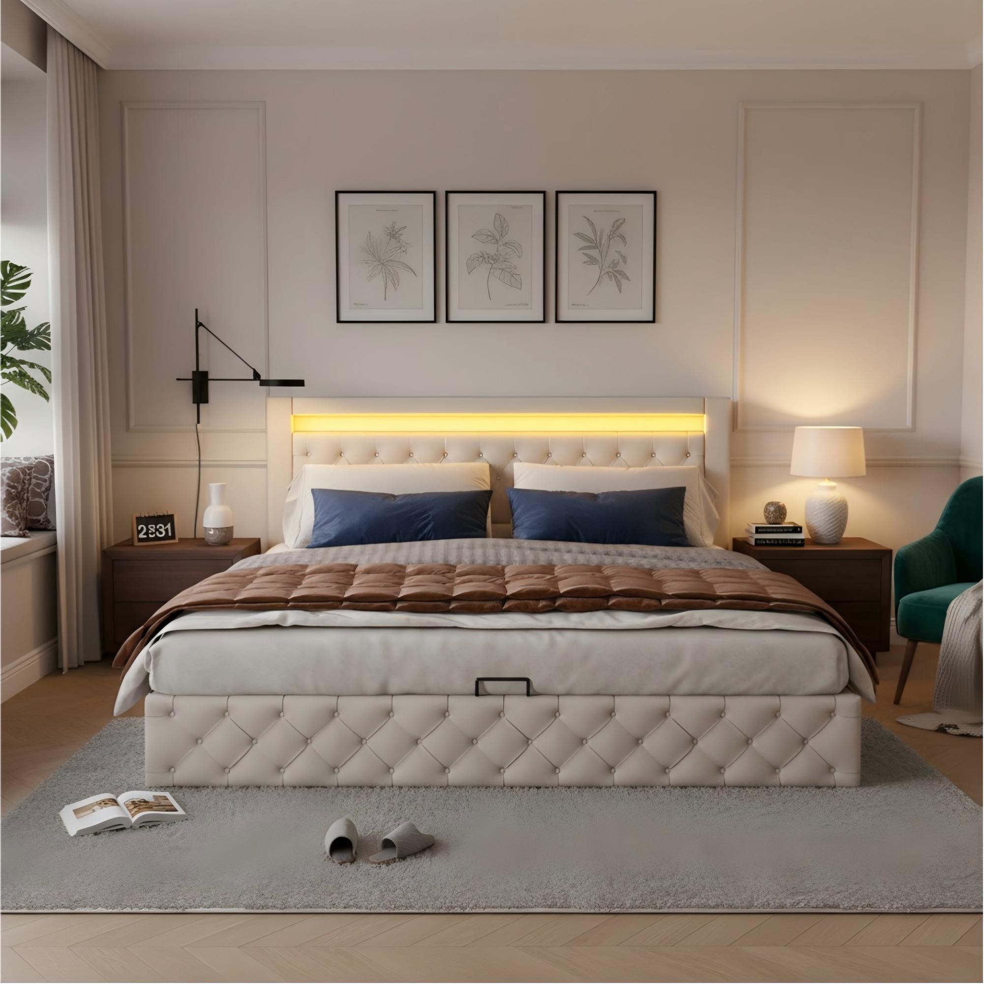 Upholstered Bed 140 X 190 Cm, Fully Functional, With Slatted Base And Storage Space, Hydraulic Storage, LED Lighting, White, PU Material.