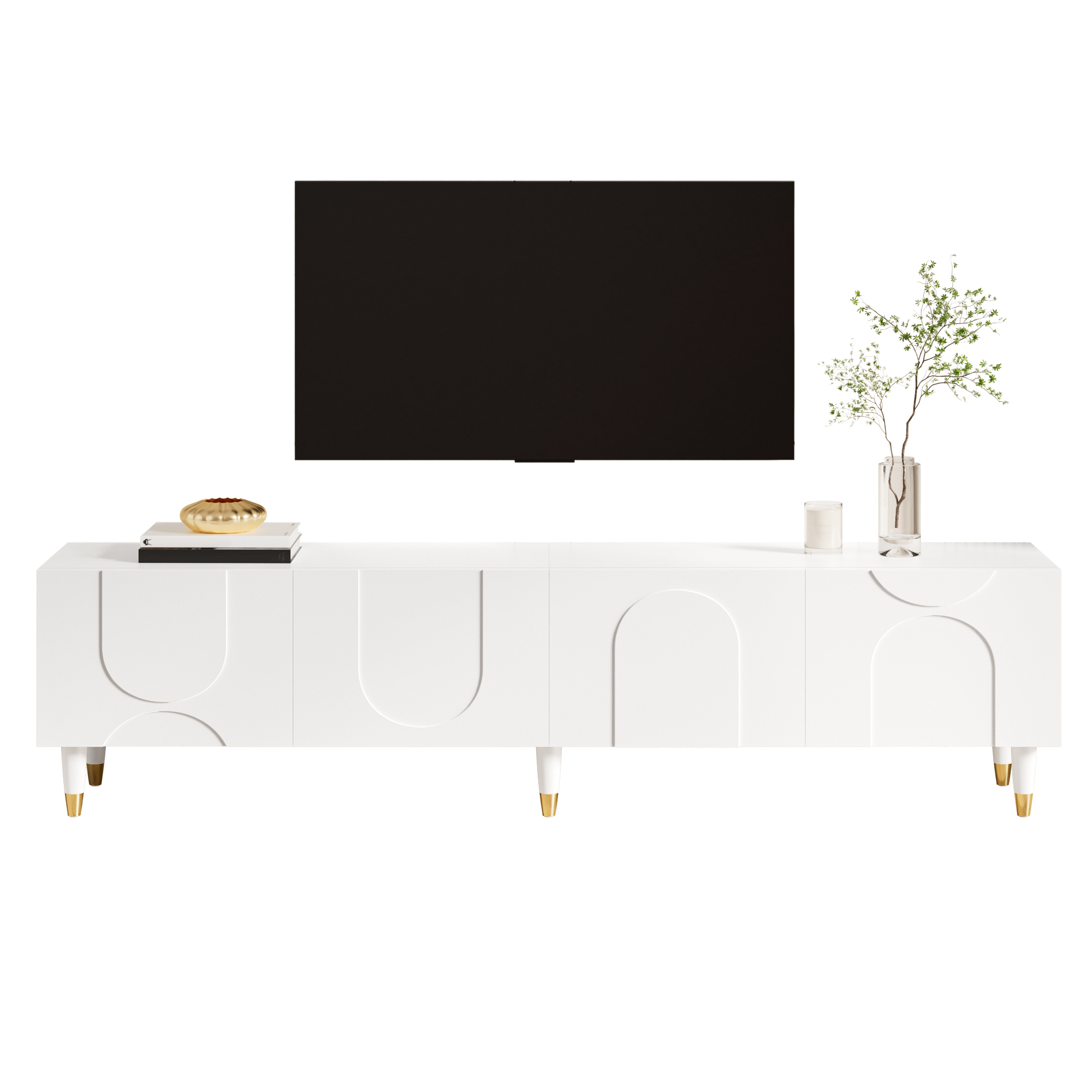 TV Cabinet Lowboard Asymmetrical Arch Relief Four Doors Multi-storage Space Solid Wood Legs Living Room