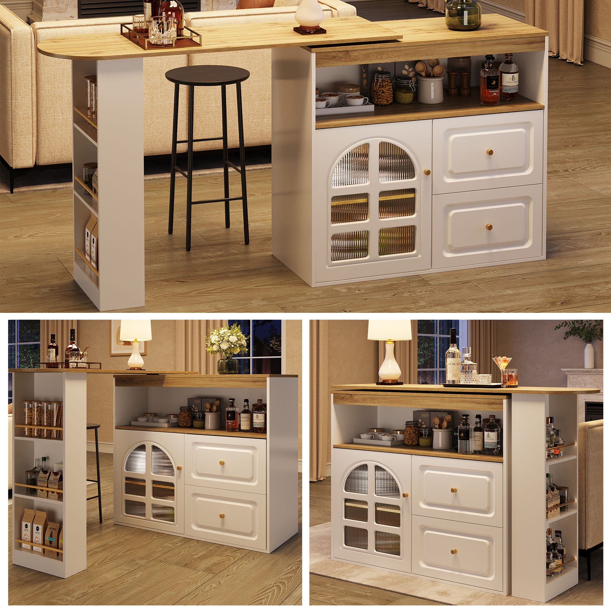 360 Swivel Edible, Simple And Modern, Suitable For Bedroom, Living Room, Dining Room, 2 Drawers, Snack Shelf, Open Storage Compartment, Swivel Sideboard Cabinet With Shelves And Arced Glass, White