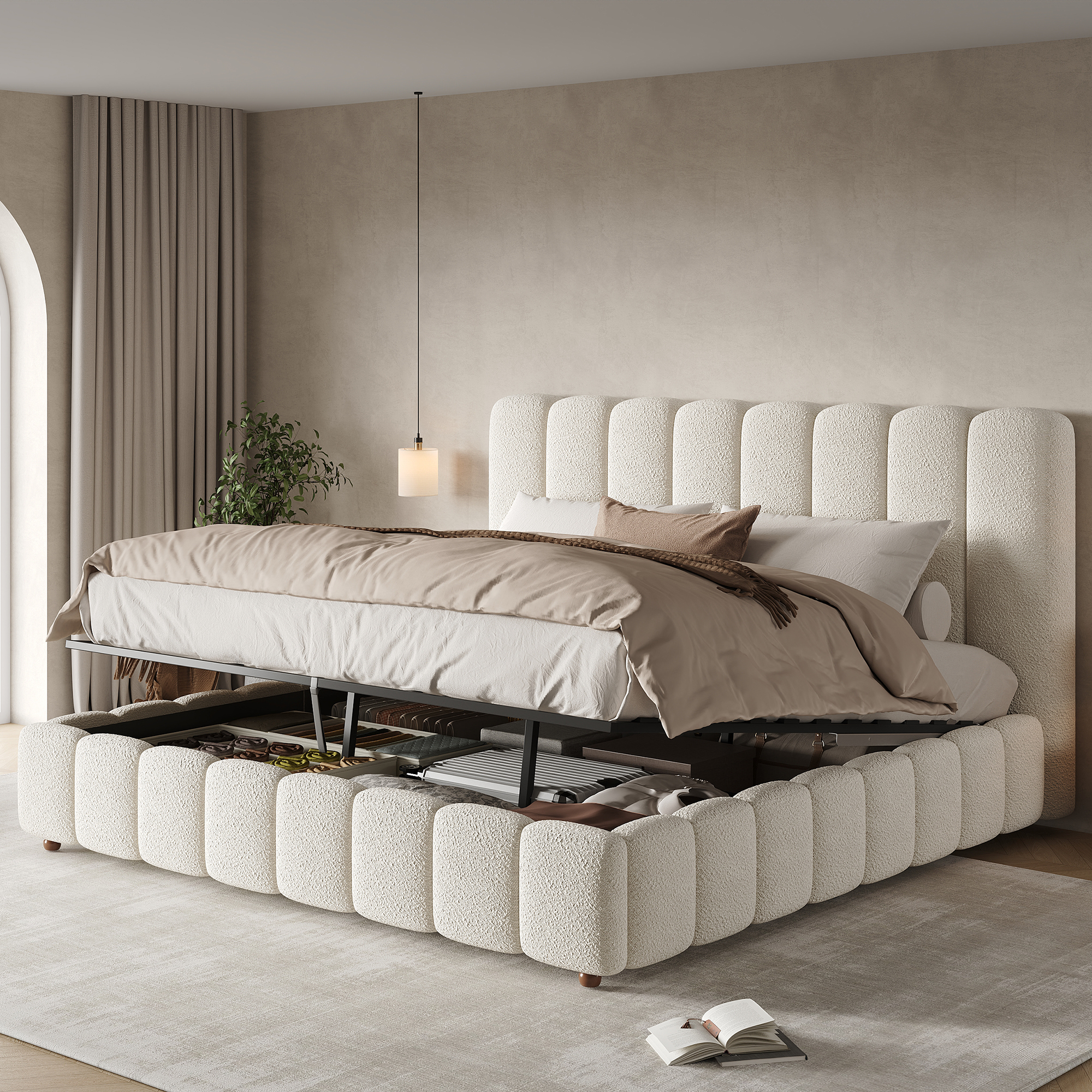 Upholstered Bed, Double Bed, 200x200cm, Hydraulic Functional Bed, Bed With Slatted Base, Headboard And Large Storage Space, Upholstered Headboard, White Boucle