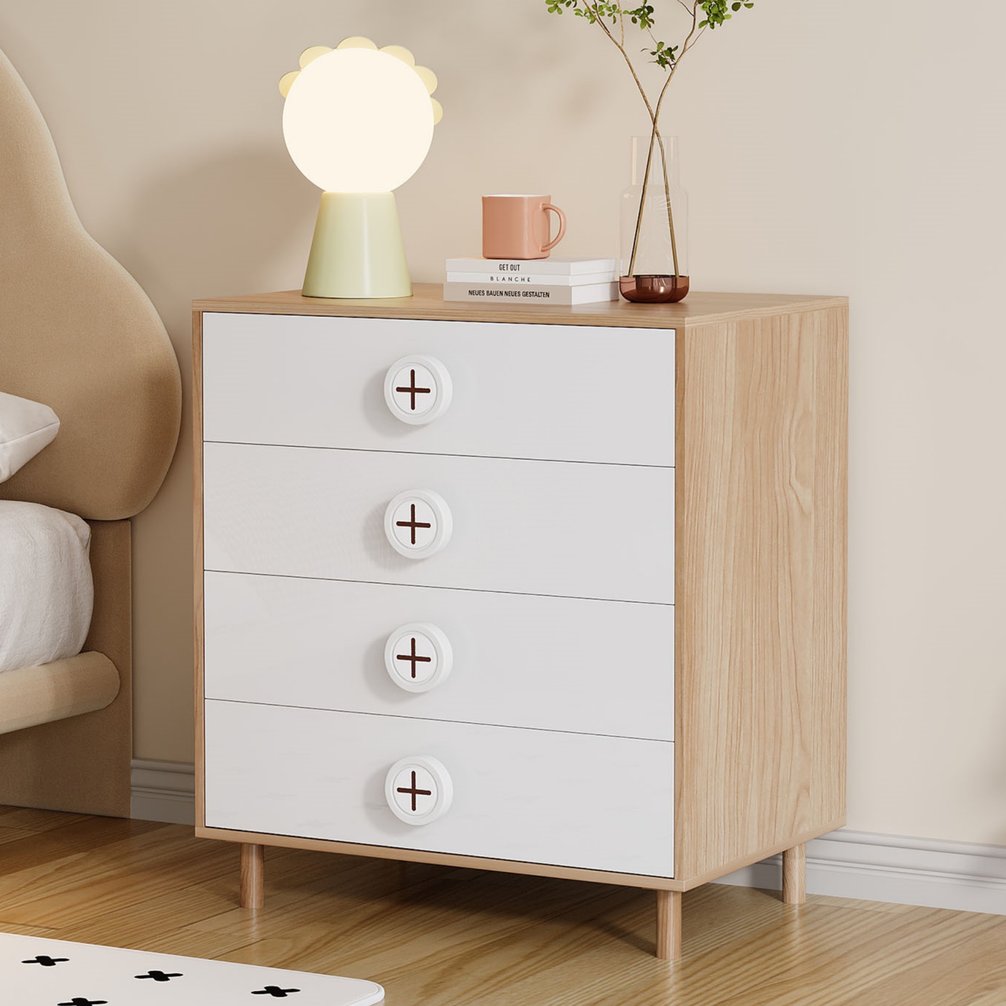Bedside Table, Chest Of Drawers, Bedroom Chest Of Drawers & Children's Storage Cabinet, With 4 Drawers, Storage Cabinet With Supports, Lacquered Boards   Particleboard, White, 80x54x90cm