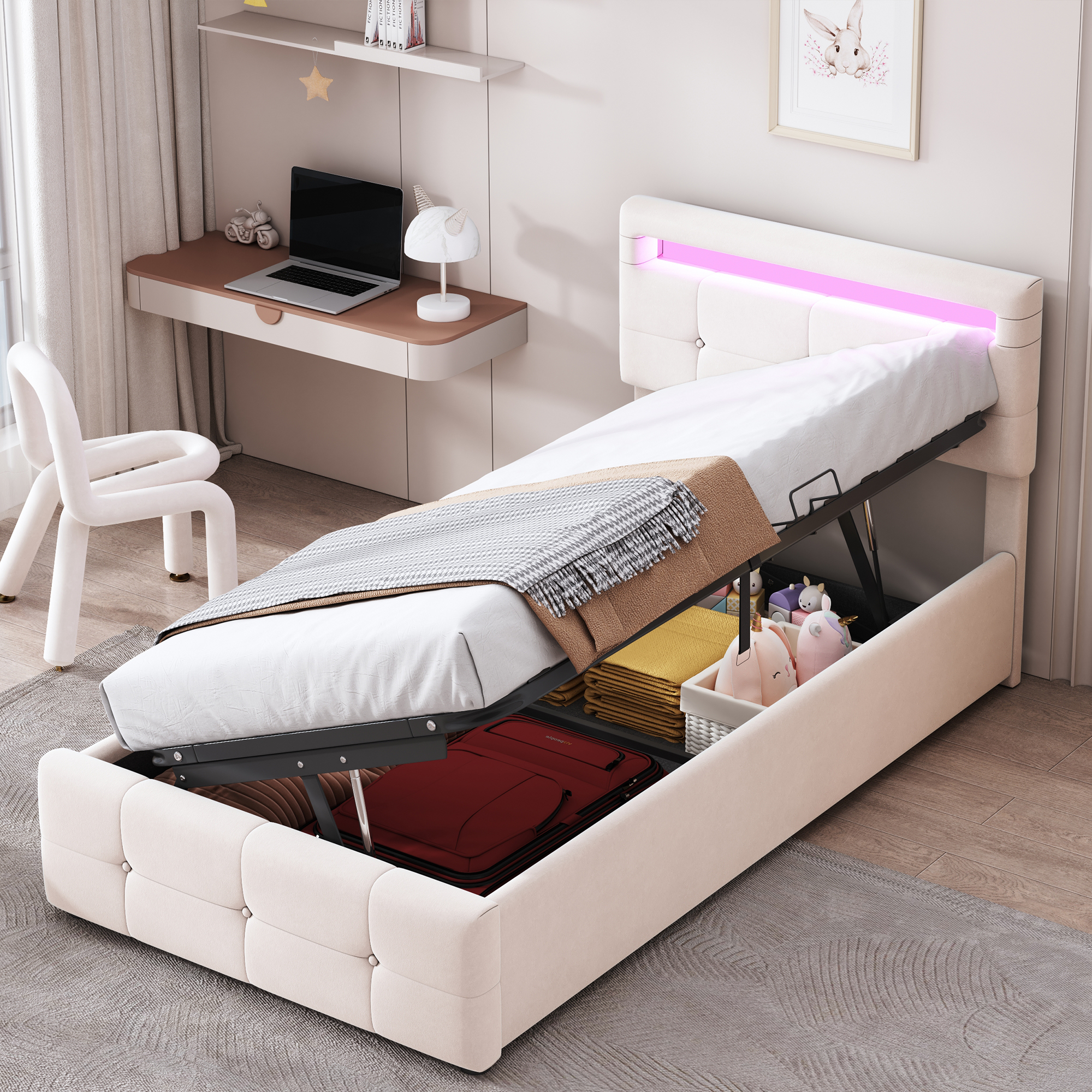 Upholstered Bed Children's Bed 90x200 Cm, With LED Lighting, Hydraulic Storage Bed, Height-Adjustable Headboard, Single High Box Bed, Velvet Fabric, Beige