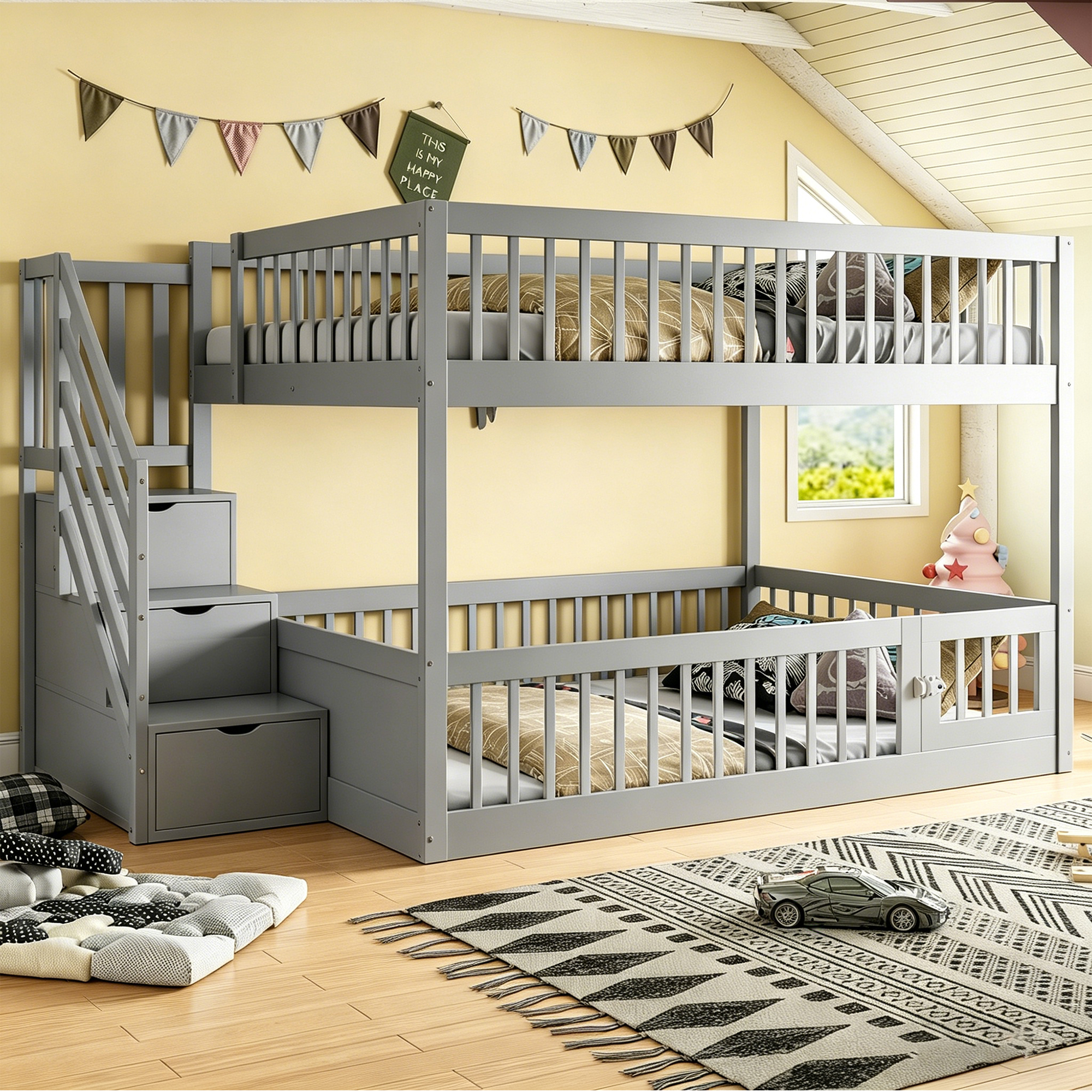 Bunk Bed 140 X200 Cot With Safety Stairs And Drawers, Grey Wooden Single Bed With Storage Bed For Children, Teenagers