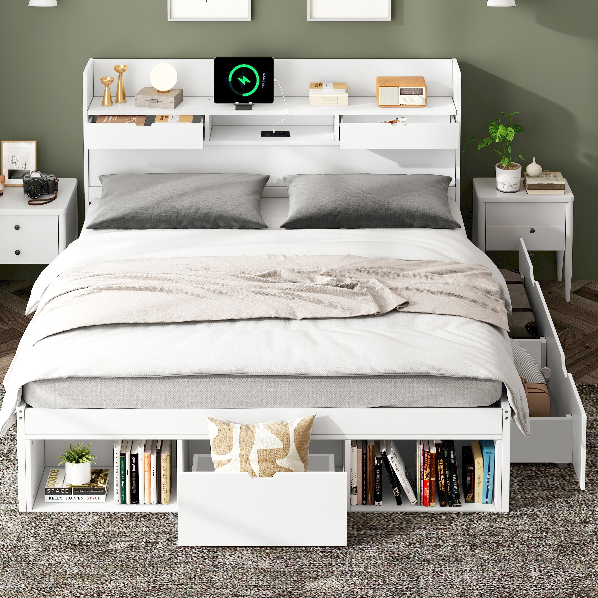 Double Bed, 160X200cm, With USB Port & Drawers & Storage Cupboard, Cot, Youth Bed, Multifunctional Bed, Large Storage Space, Without Mattress, White