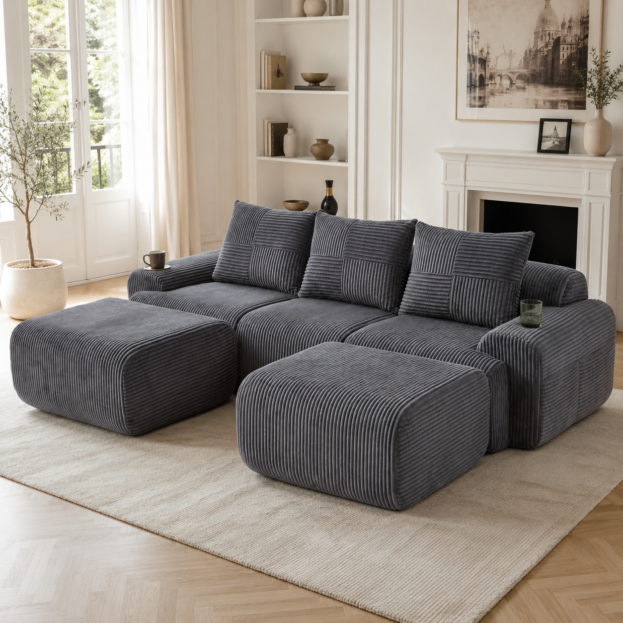 Modular Corduroy Sofa For 3 People  With 2 Stools , Freely Combinable, Including Cup Holder And Side Storage Bag, Ideal For Living Room, Family Room And Other Rooms.