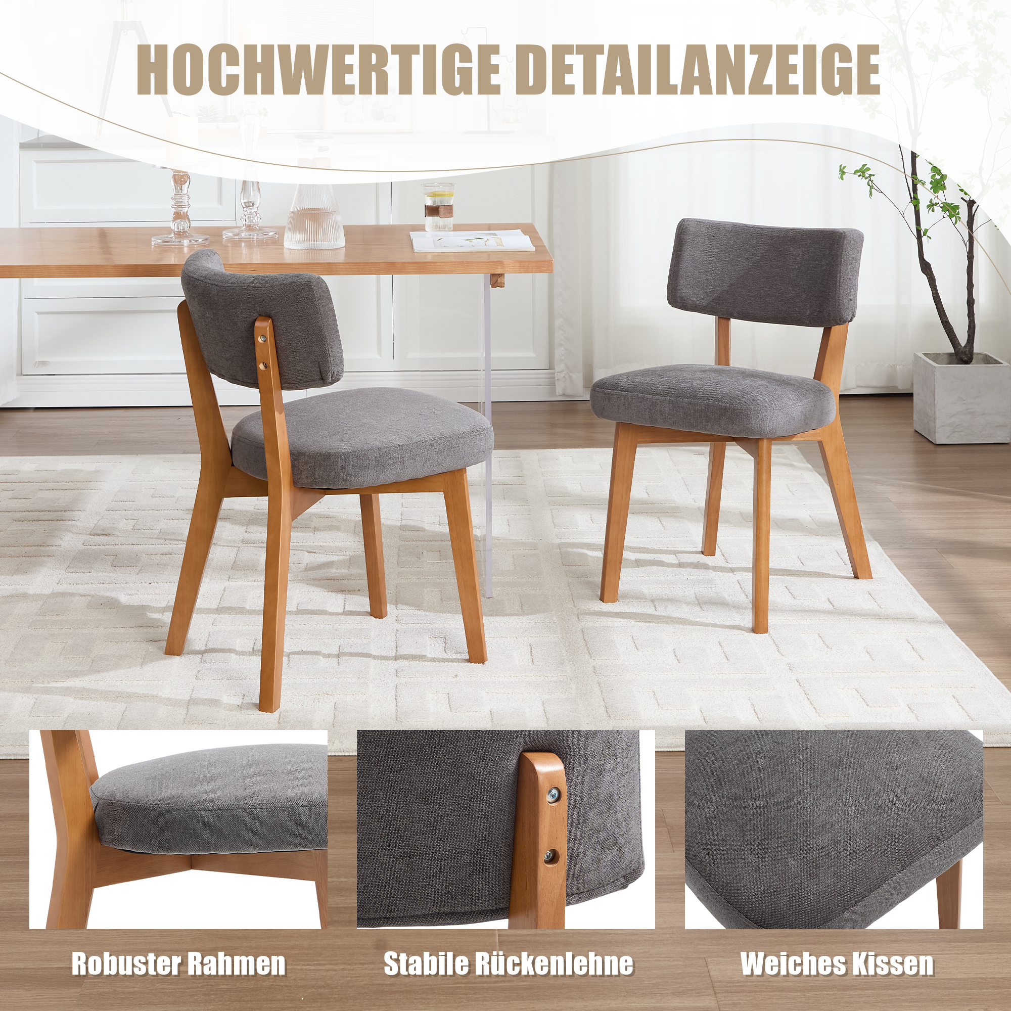 Modern Mid-Century Style Dining Chair Set Of 2, Solid Wood Legs Fabric Upholstered Seat For Kitchen, Dining Room Or Office Gray Linen Fabric 5