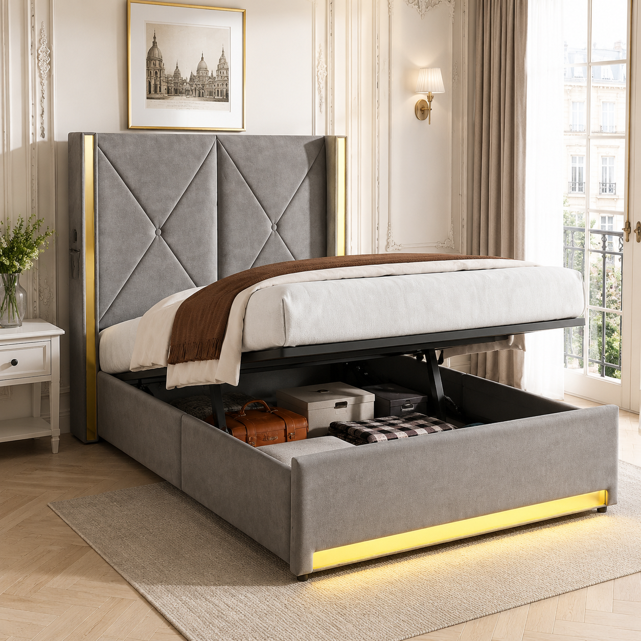 Velour Bed With High, Softly Padded And Quilted Headboard, Side Pockets, USB & LED, Hydraulic Lever System & Large Underbed Storage Space  Combines Design, Comfort And Practicality.90x200cm