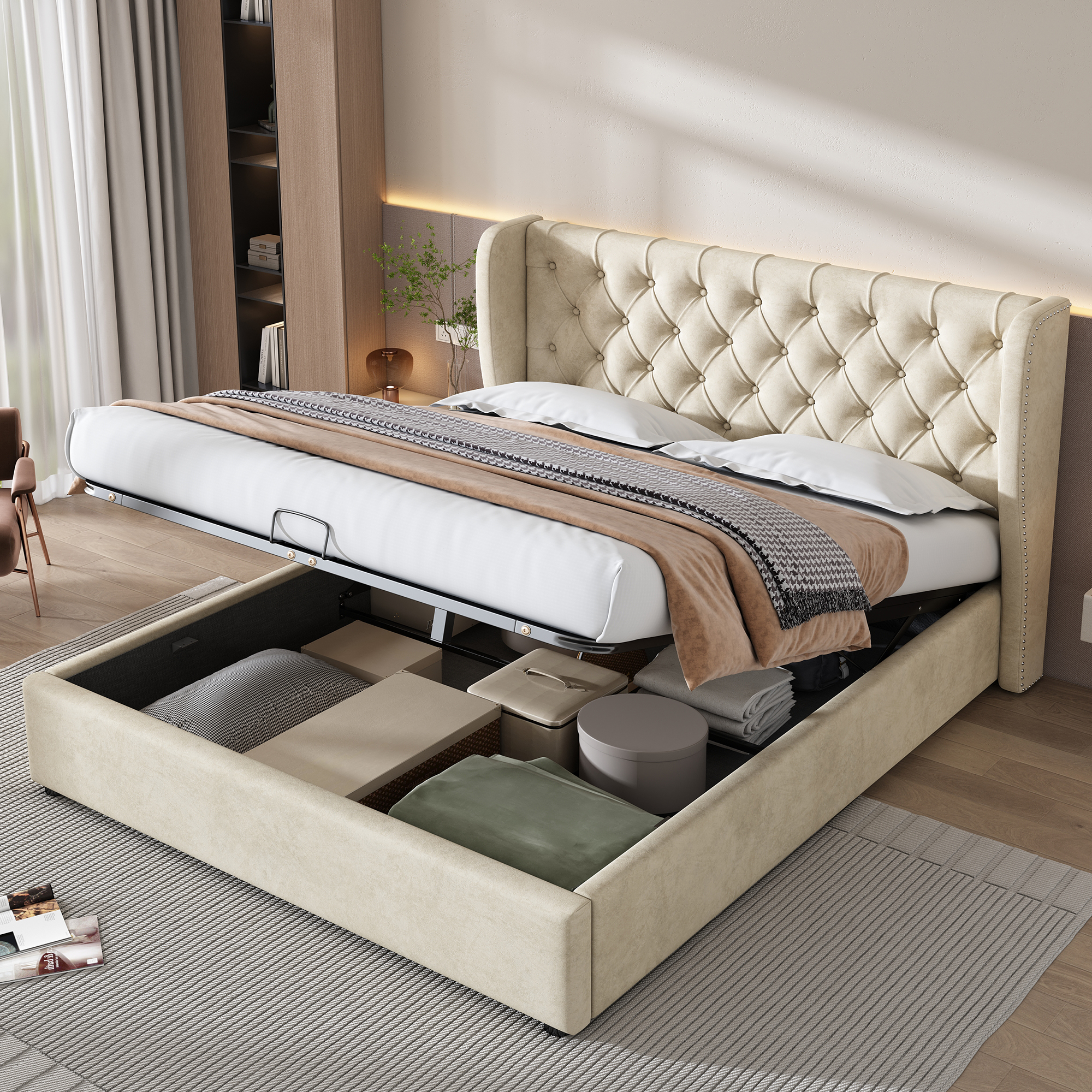 Upholstered Bed In Ear Shape, Velvet, Double Bed, 140x190, Hydraulic Functional Bed With Slatted Base And Storage Space, Beige