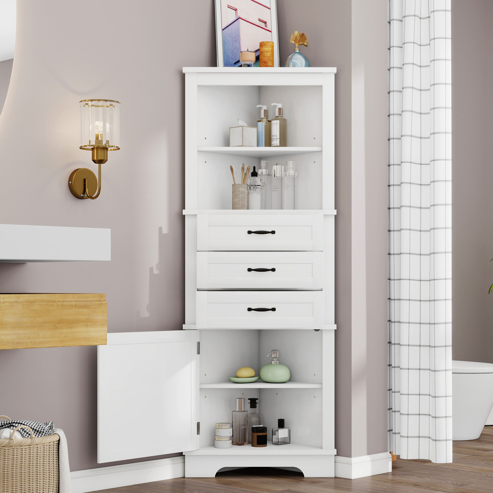 57.7x46x167.5 Cm Corner Cabinet For The Bathroom, Two Open Storage Compartments, Three Drawers, One Cabinet, Adjustable Shelves, Black Handles, White.