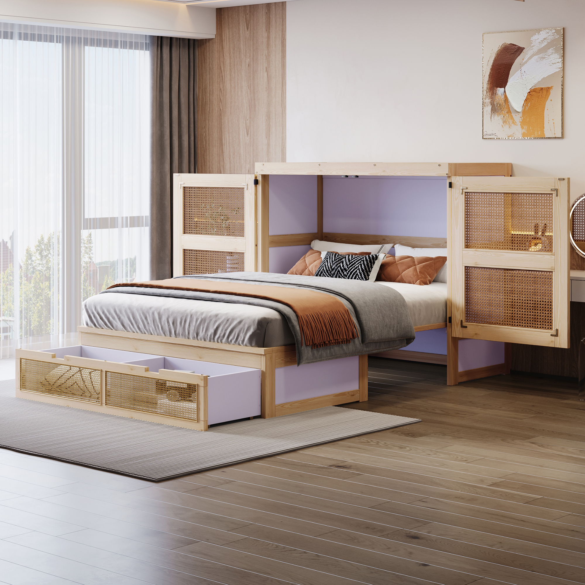 Murphy Bed 140 X 200 Cm, Murphy Bed With Slatted Frame, Wall Folding Bed, Vertical Wall Bed With Slatted Frame, With Storage Drawers, Rattan Design, Wooden Beds, Youth Beds, Single Beds, Wood Colour