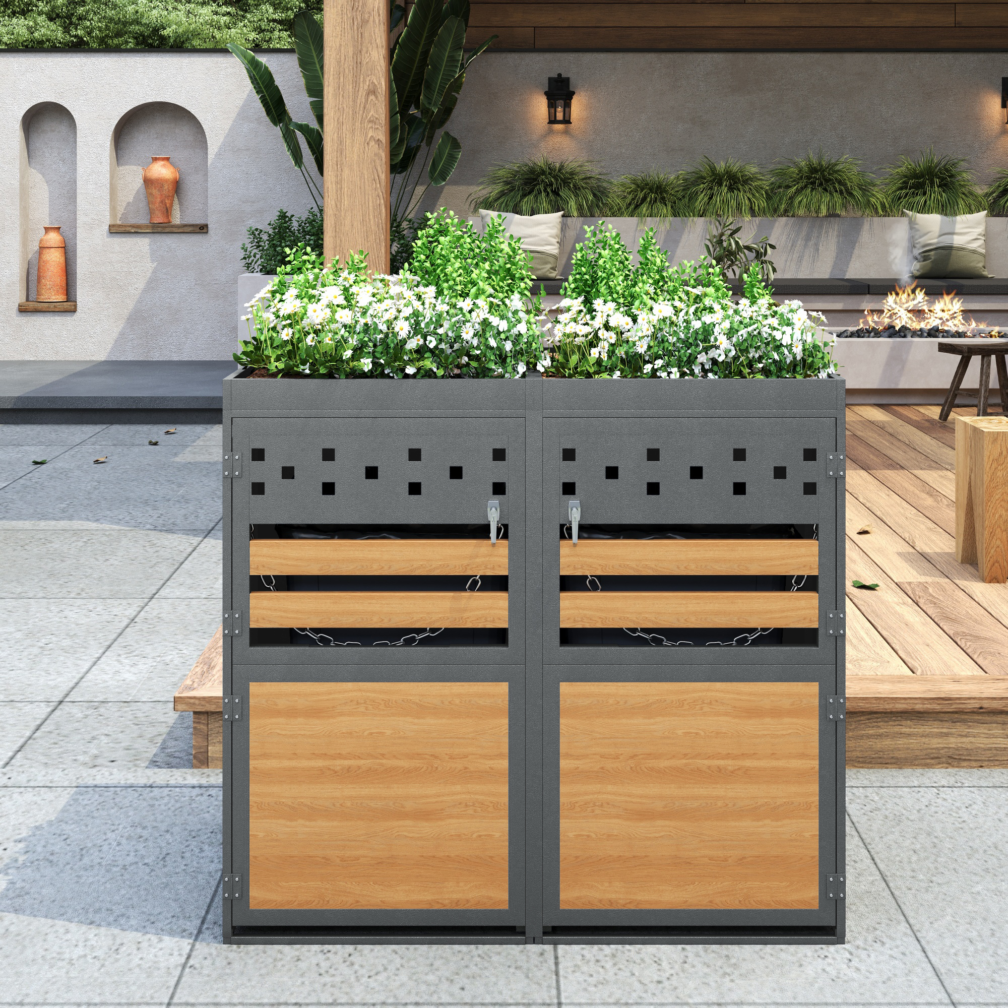 Garbage Can Box 2 With Planting Roof, 120-240 Liters, Anthracite Door In Wood Look Incl. Expansion Option, Storage Box For Garbage Cans, Garbage Box  The Product Does Not Contain A Built-in Trash Can