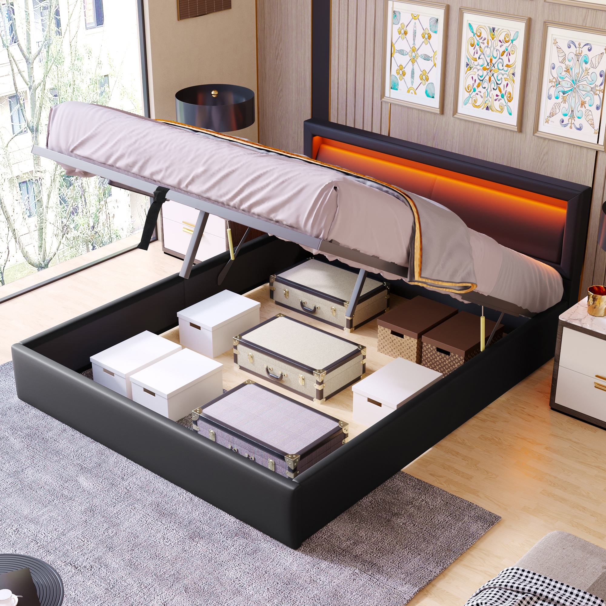 Upholstered Bed, LED Bed, 140x190cm, With Slatted Base And Storage, With Headboard Illuminated In Different Colors, Black, Headboard & Imitation Leather