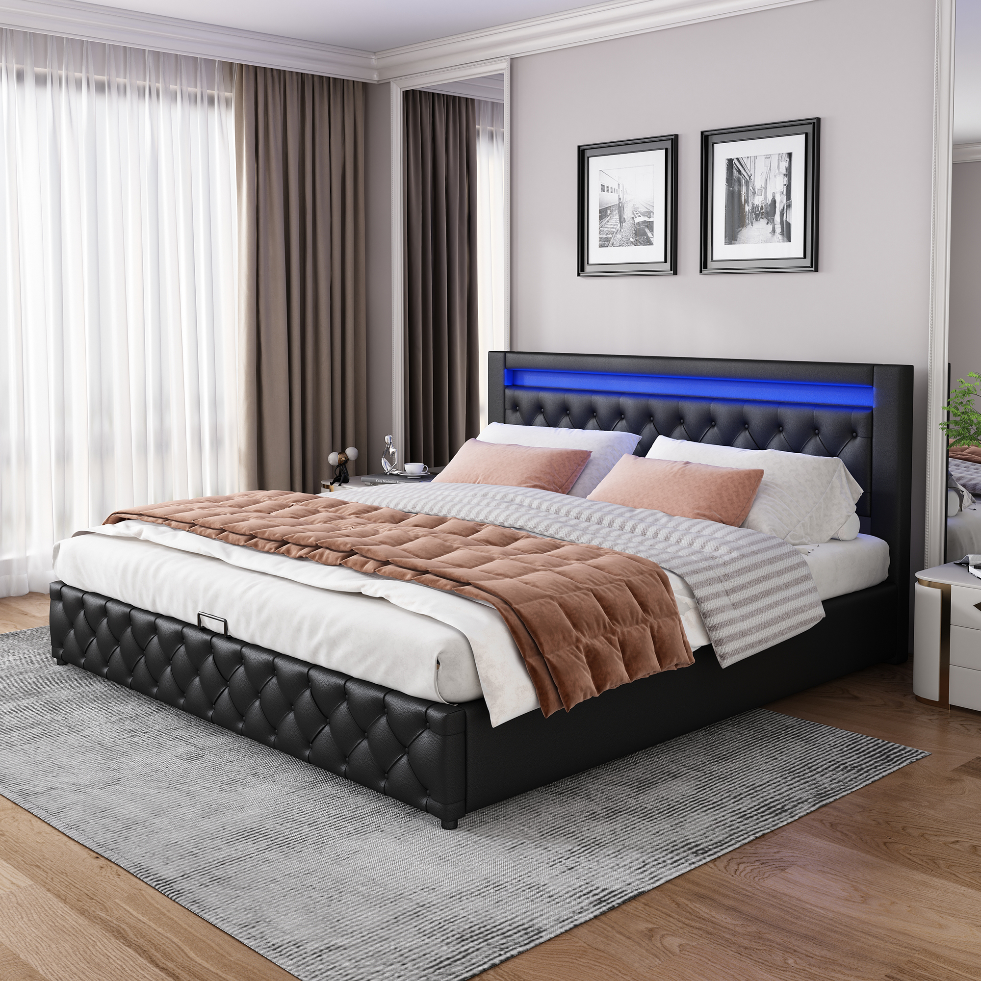 Upholstered Bed 140 X 200 Cm, Functional Bed With Slatted Base And Storage Space, With LED Lighting, With Storage Function, Black, PU