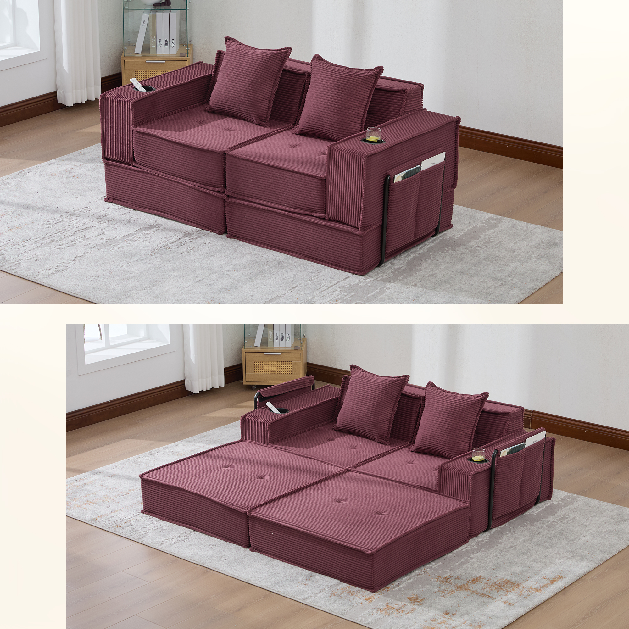 Modern Double Sofa Bed With A Comfortable Two-seater Fabric Sofa With Two Cushions. A Stylish Decorative Footstool With Side Storage And Cup Holders, Ideal For Reading Corners, Playrooms And