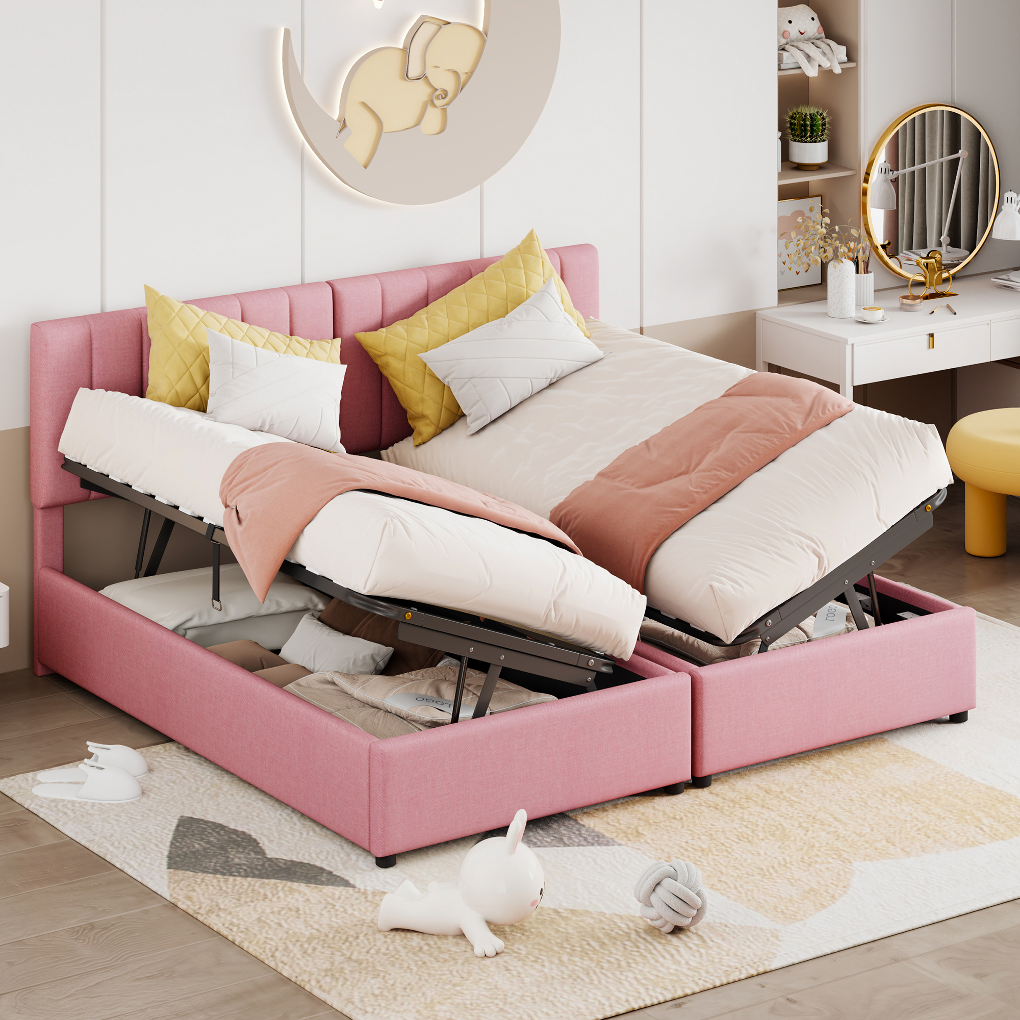Upholstered Bed 180x200 Cm, Hydraulic Storage Bed, Skin-friendly Linen High Box Bed, Multifunctional Double Bed,