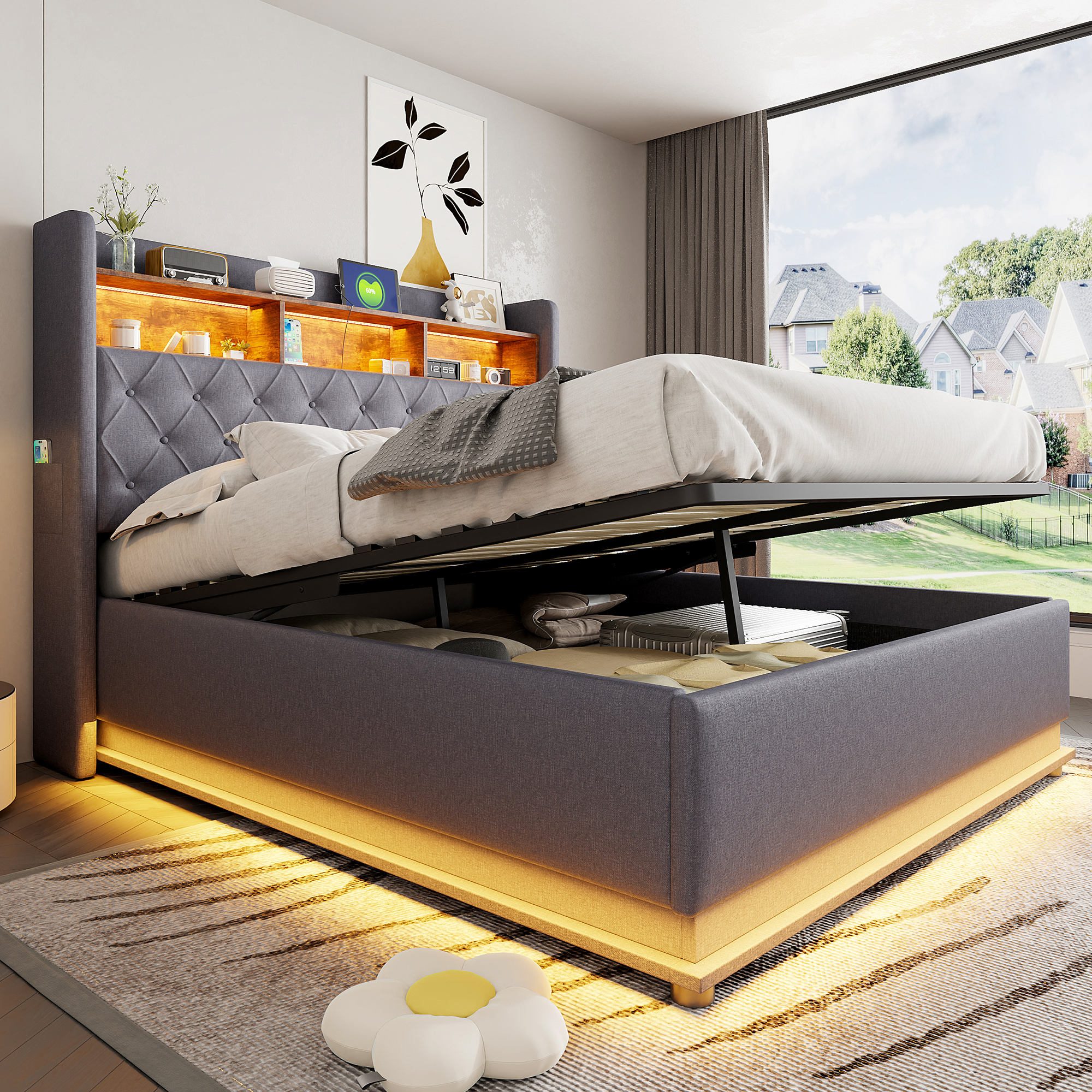 LED Upholstered Bed 160 X 200 Cm, Upholstered Storage Bed With USB Charging Port And Hydraulic Storage, Skin-friendly Linen Fabric, Grey