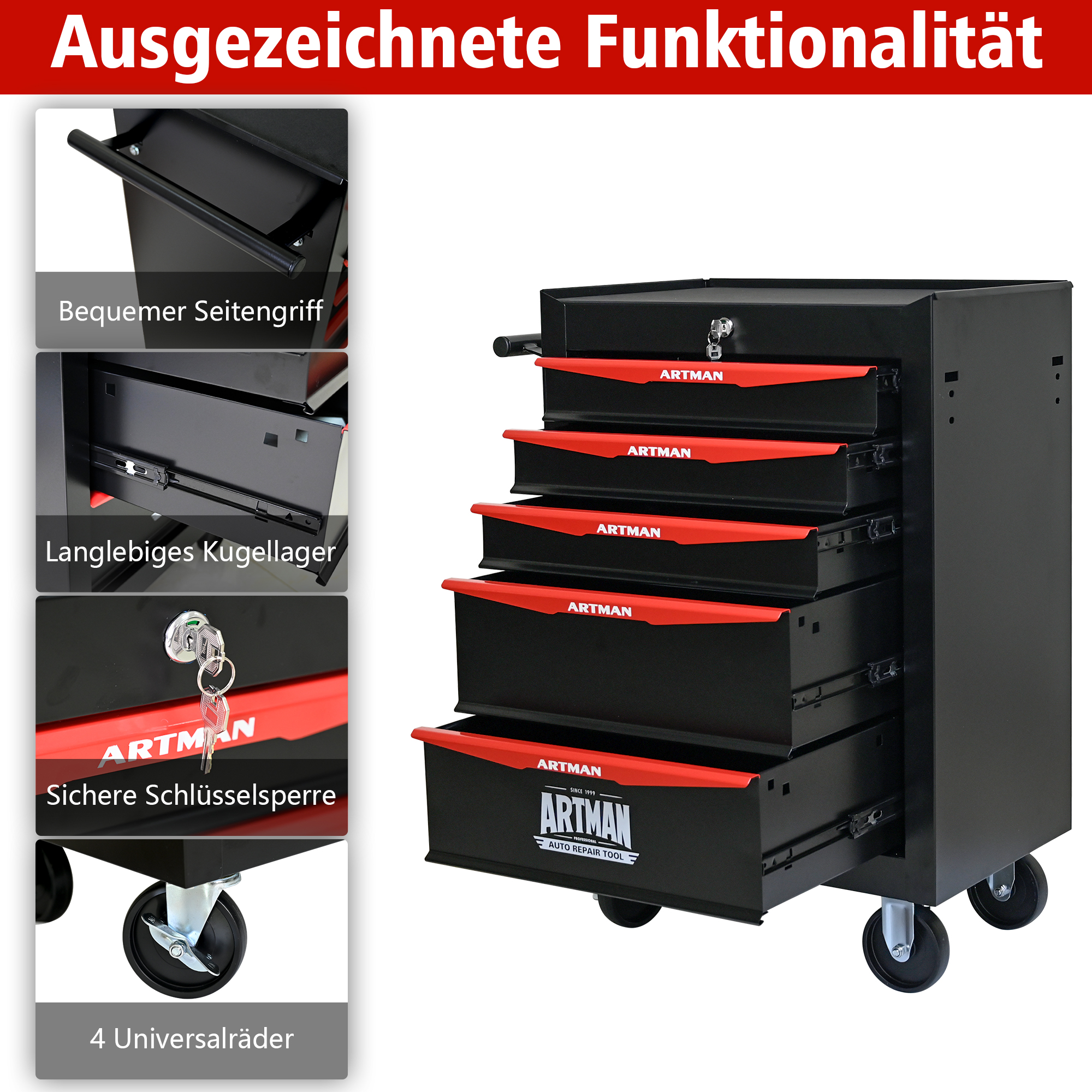 Rolling Metal Toolbox With 5 Drawers, 5 Shy Tool Cabinet With Ball Bearing Drawer Slides, Steel Tool Storage Box Organizer Black&Red 4