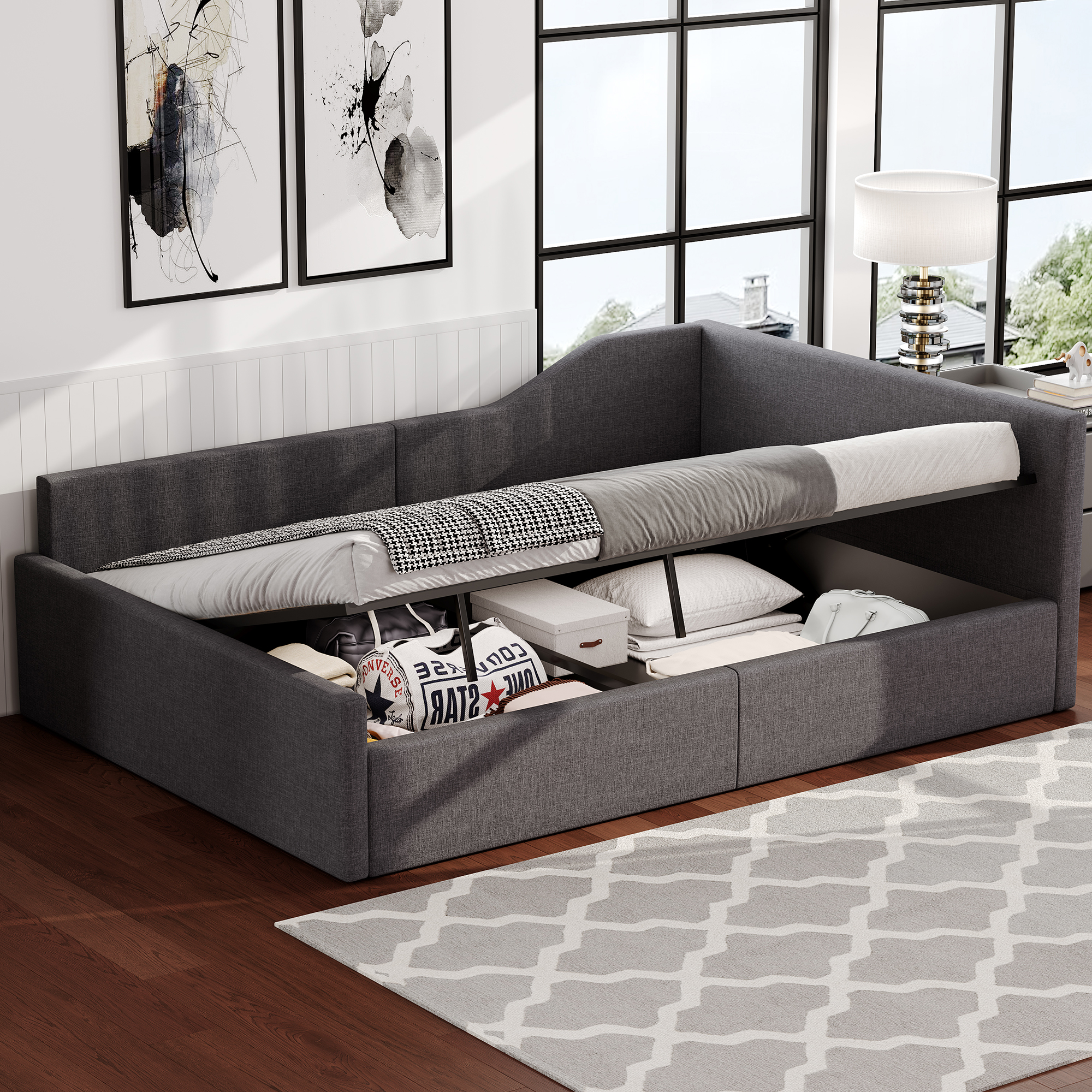 Upholstered 140x200 Daybed With Storage Underneath, Grey