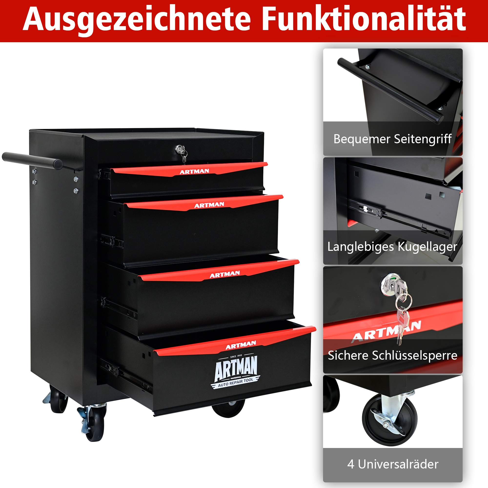 Rolling Metal Toolbox With 4 Drawers, 20 Inch Sharpening Tool Chest Cabinet With Ball Bearing Drawer Slides, Steel Tool Storage Box Organizer Black & Red
