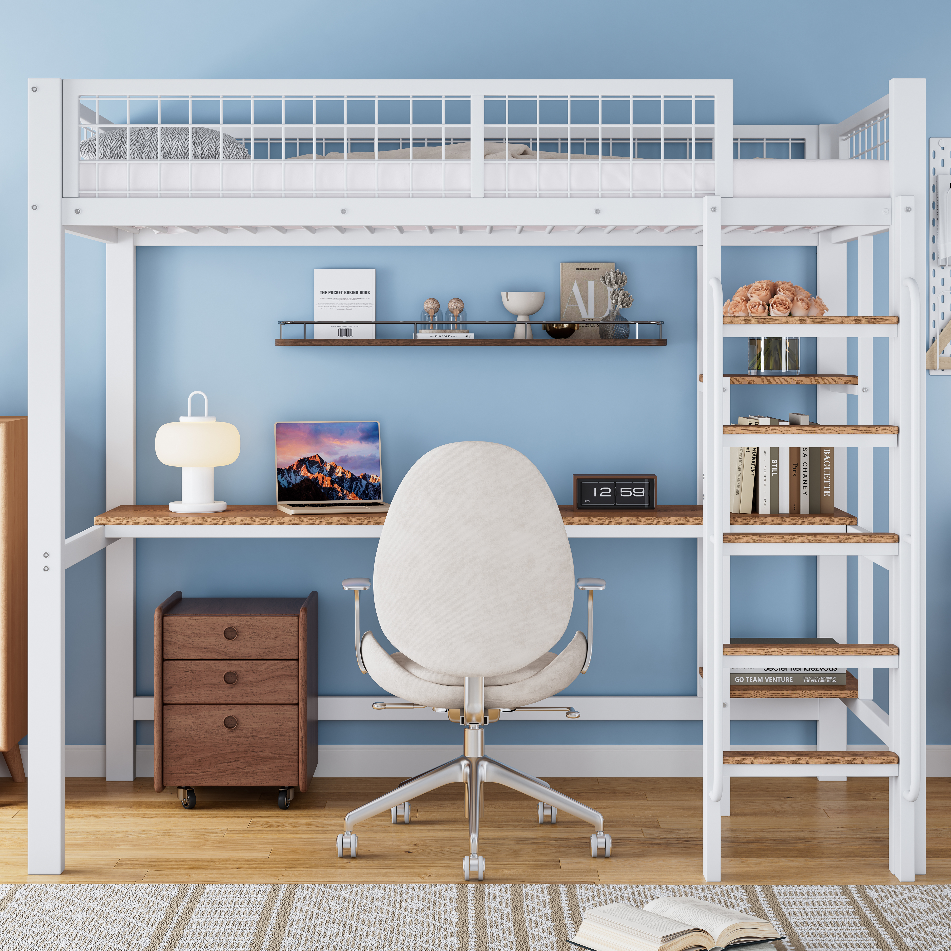 Iron Frame Bed, Bunk Bed With Table And Shelves, Suitable For Children And Teenagers, With Five-Step Ladder, With Fall Guard, Iron  MDF, White Natural, 90x200cm
