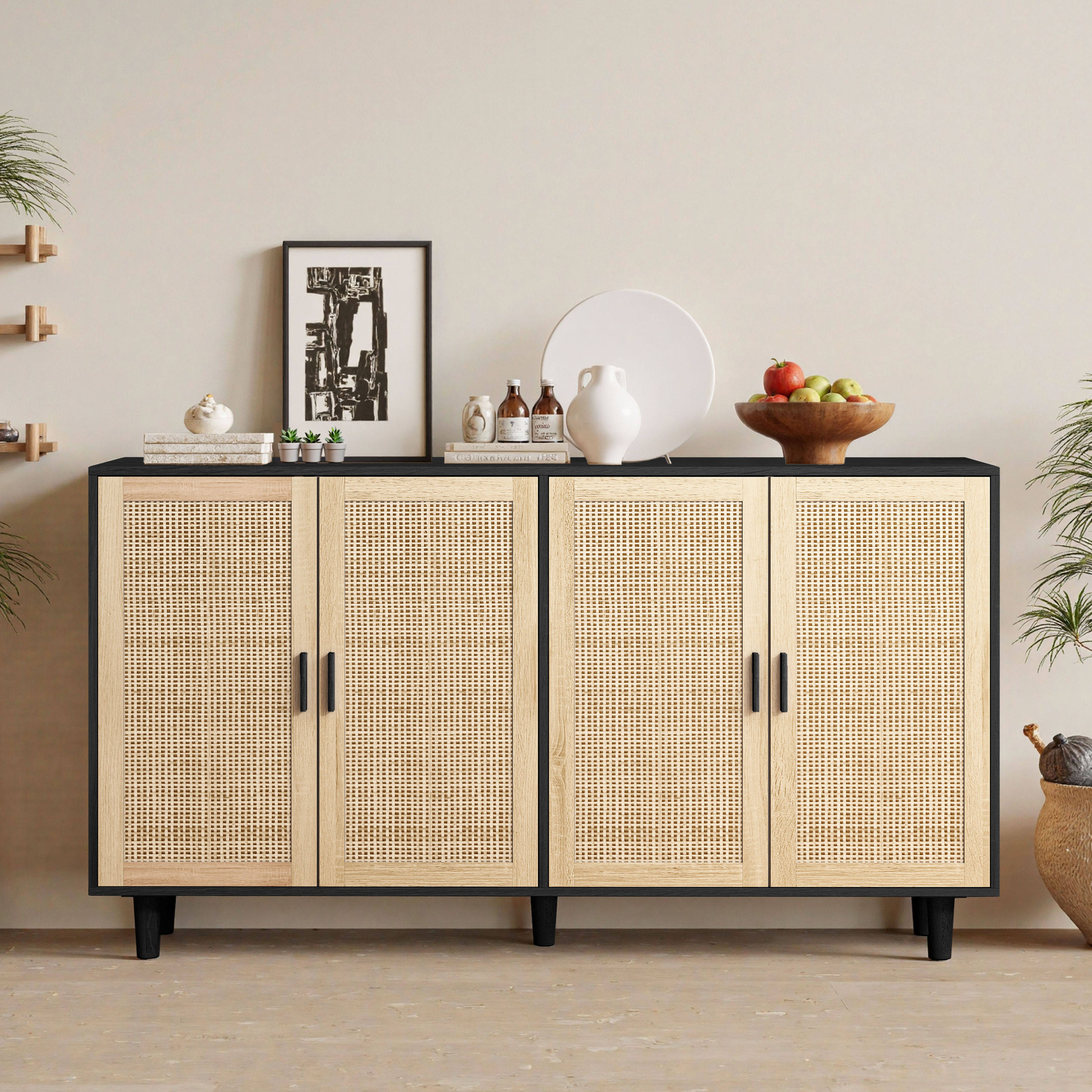 158CM Elegant And Functional 4-Door Rattan Decorative Storage Cabinet,for Bedroom,Living Room,Office,Black 158CM Elegant And Functional 4 Door Rattan Cabinet For Bedroom, Living Room, Office