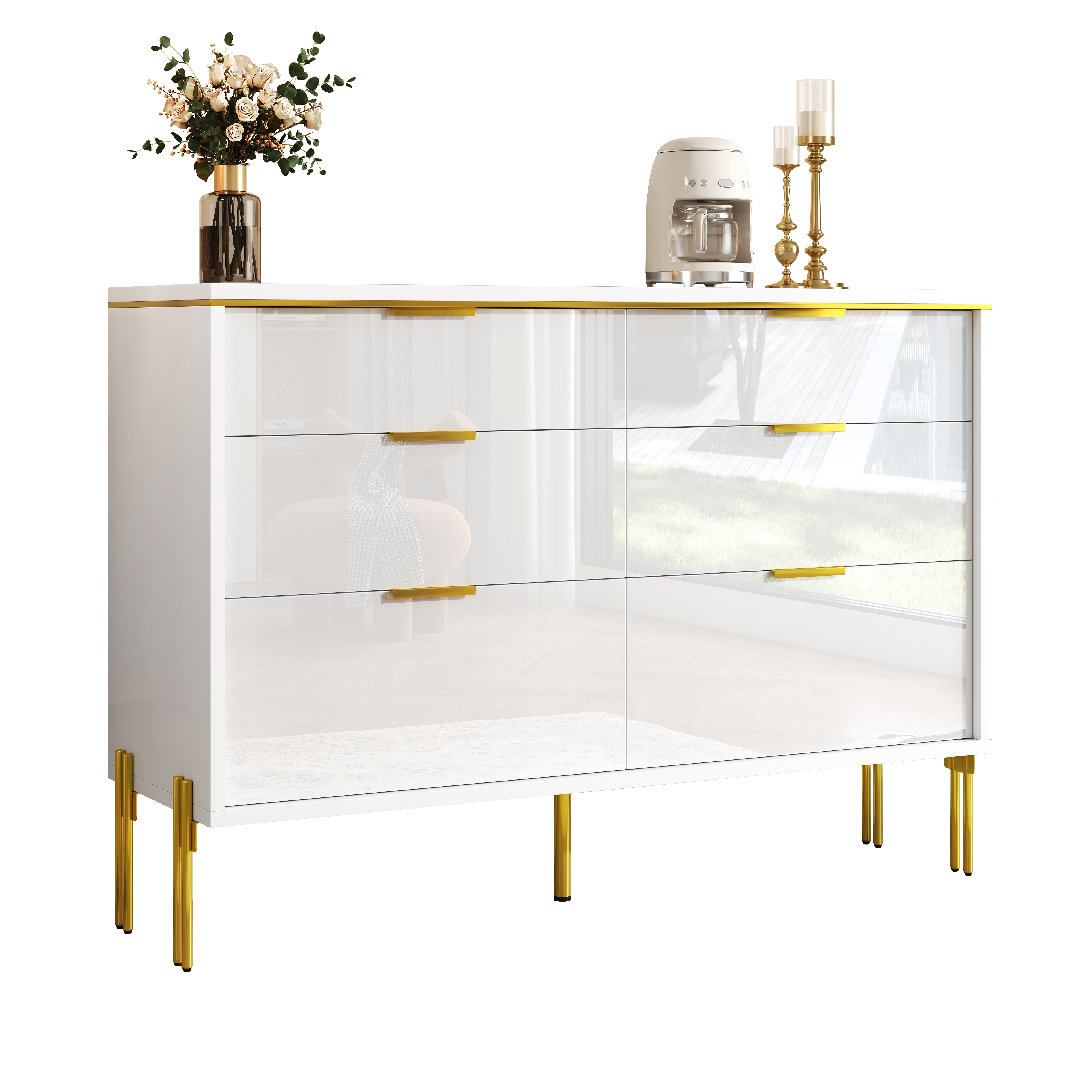 Modern Sideboard Cabinet With 6 Drawers In White And Gold, High-gloss Fronts, Large Storage Space For Living Room, Dining Area & Hallway, Stylish Storage Furniture For Organized Organization