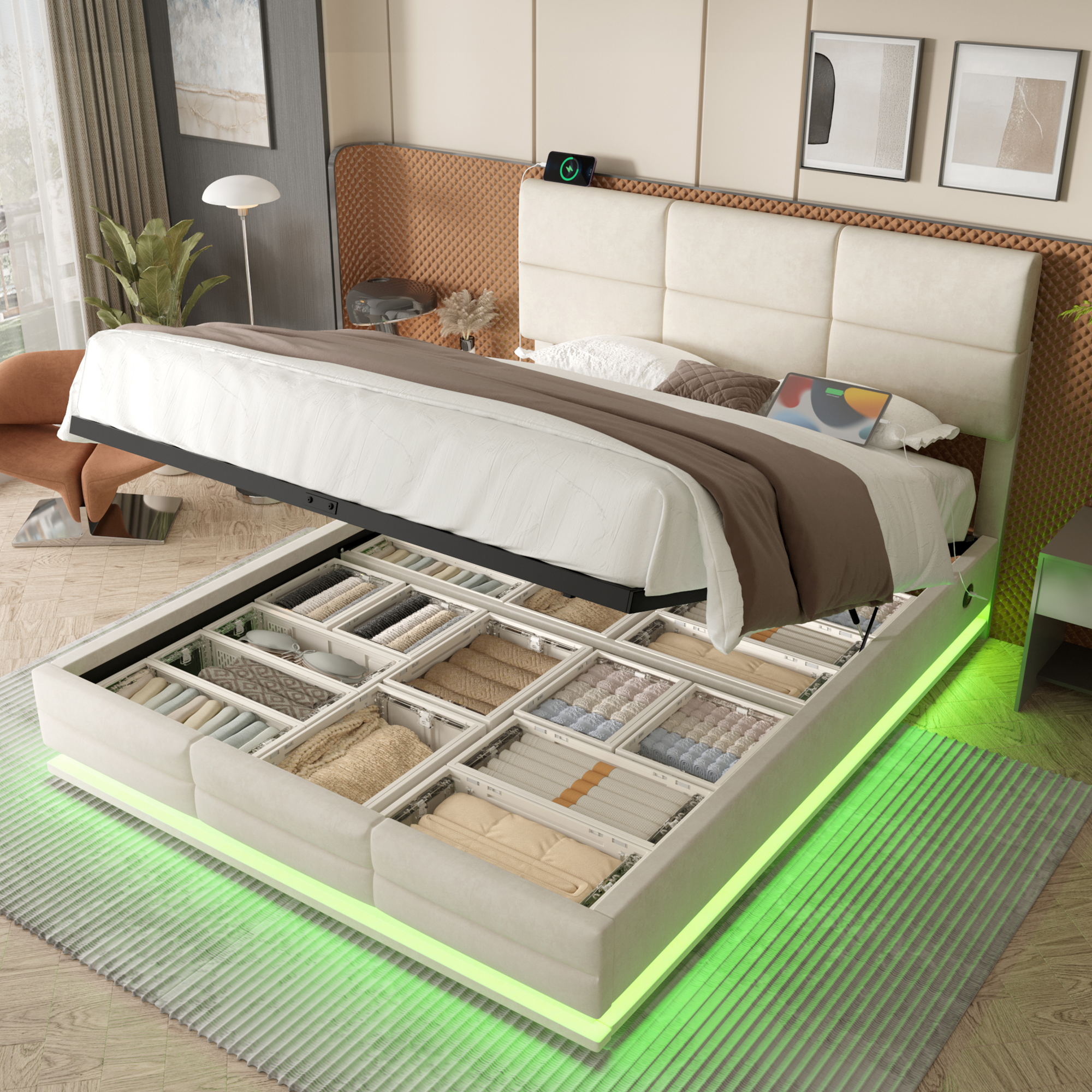 160x200 Cm Modern Velour Upholstered Bed With Height-adjustable Headboard - Incl. USB Type-C Ports, LED Ambient Lighting, Hydraulic Lift System & XXL Storage Space  Without Mattress - Beige