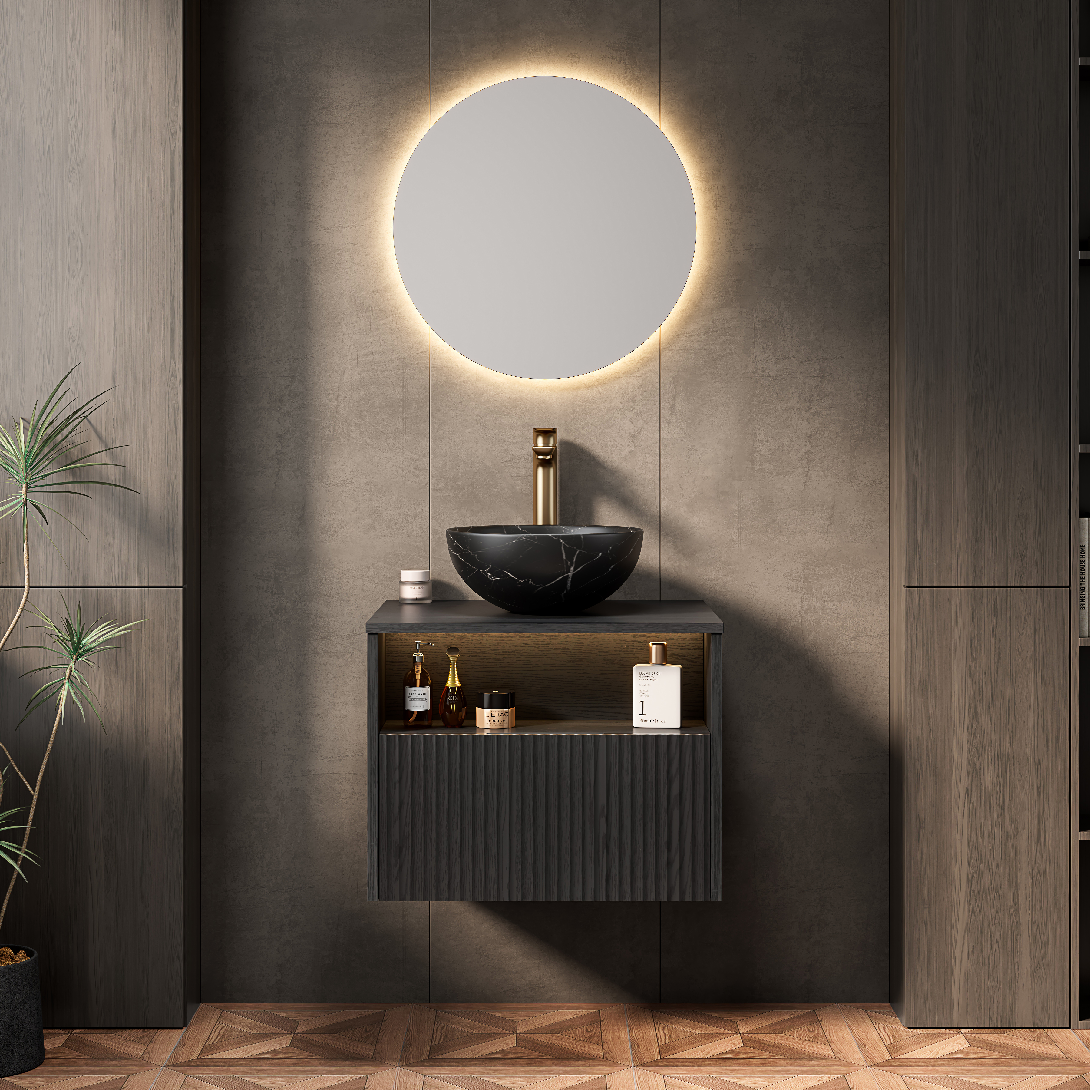 60cm Floating Bathroom Washbasin With Black Ceramic Bowl With Stone Pattern, Striped Plywood Cabinet With Drawer And Shelf, Sensor Light, Pre-assemble