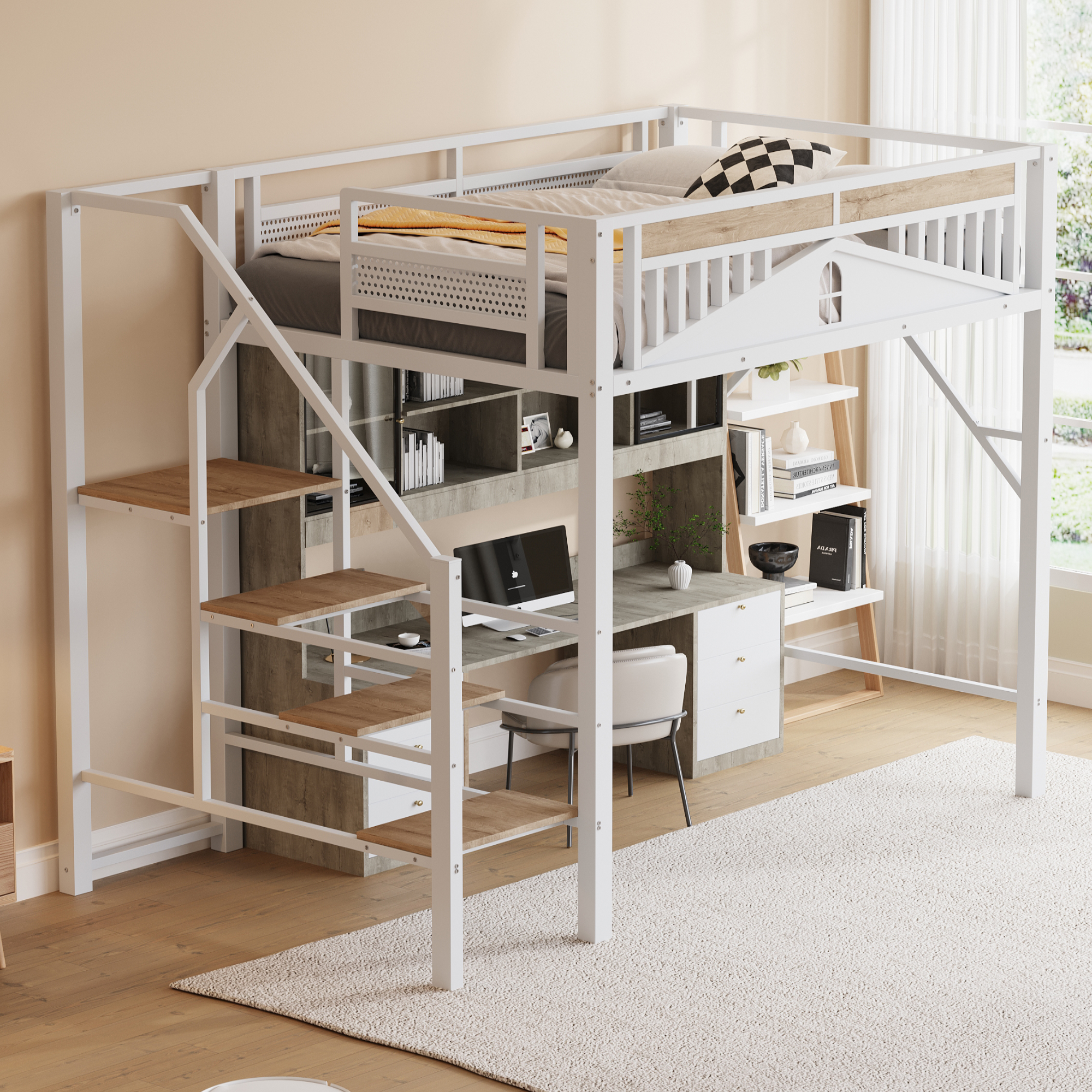 Metal Loft Bed 140 X 200 Cm, Unique Housing Shape With Window Design, With Safety Ladder, Plenty Of Storage Space Under The Bed, White