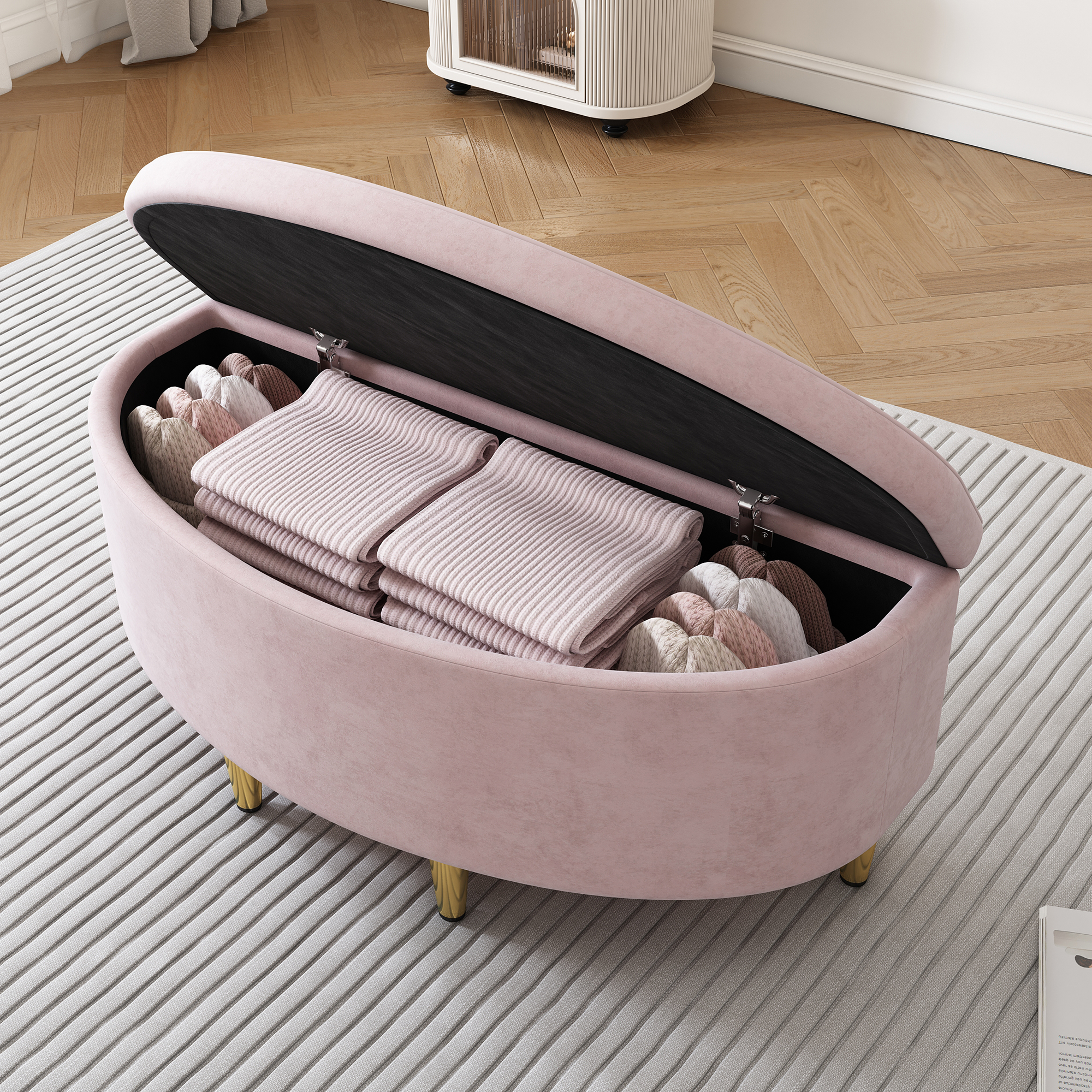 Upholstered Bench With Storage, Upholstered Bench With Velvet Storage Box, Footstool With Metal Legs, Suitable For Hallway, Living Room, Bedroom, 90 X 40 X 42 Cm, P Ink