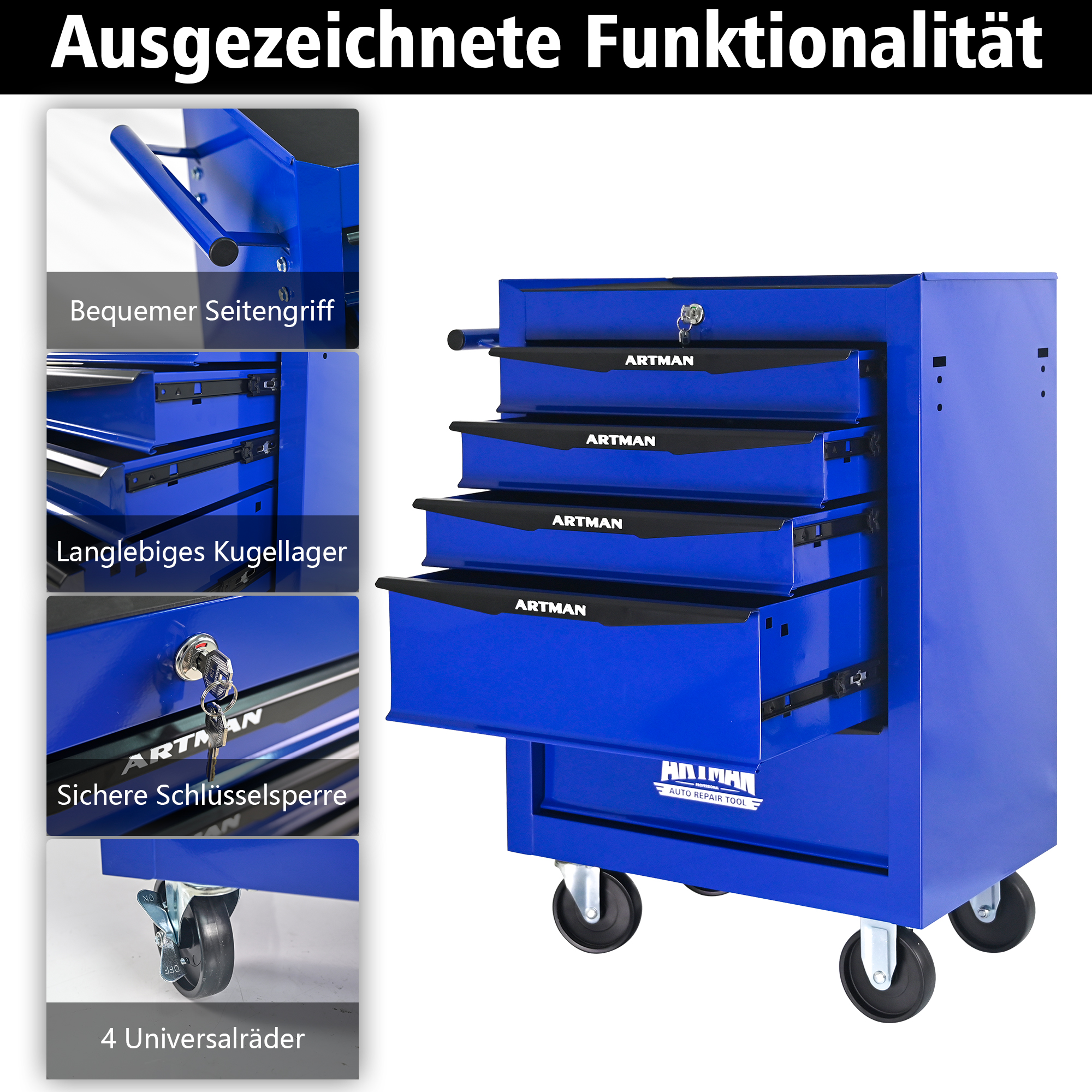 Rolling Metal Toolbox With 5 Drawers, 5 Shy Tool Cabinet With Ball Bearing Drawer Slides, Steel Tool Storage Box Organizer Black&BLUE 5
