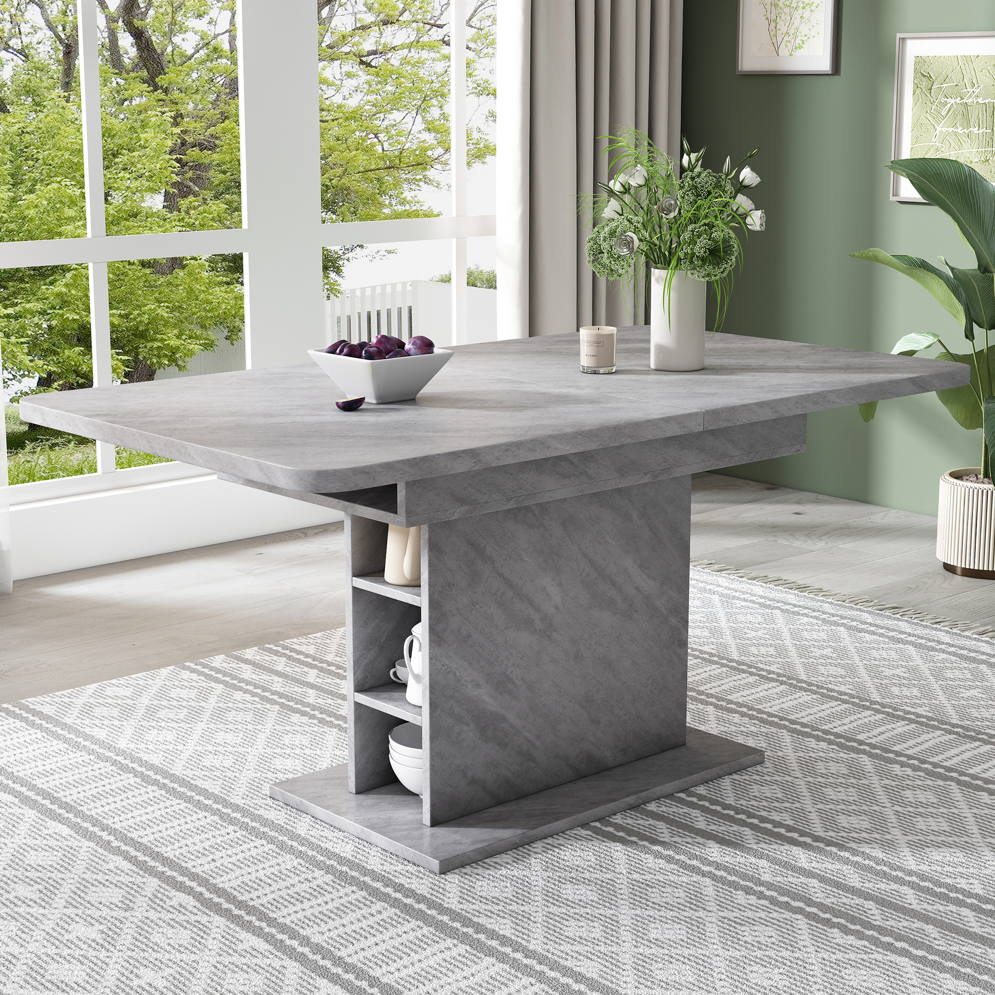 Extendable Dining Table, Dining Table With Storage, Rectangular Dining Table, Coffee Leisure Table, Modern Simple Iron Dining Table, Space-Saving Multifunctional Dining Table, Concrete Look