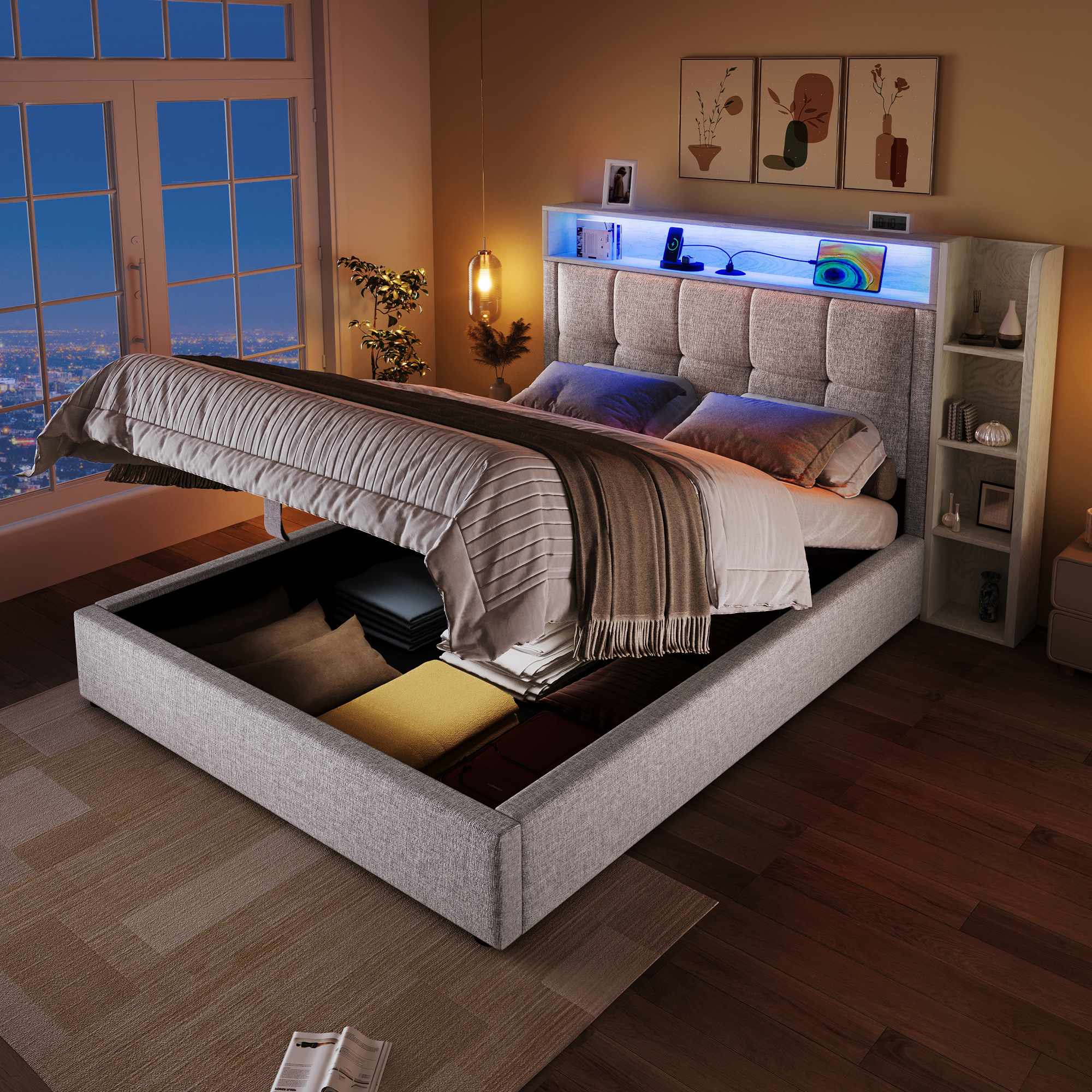 Upholstered Bed , 90x200 Cm, With USB Type-C Charging Function, Without Mattress, Multifunctional Storage, LED Lighting, Pushbutton Appdien,Linen, Beige