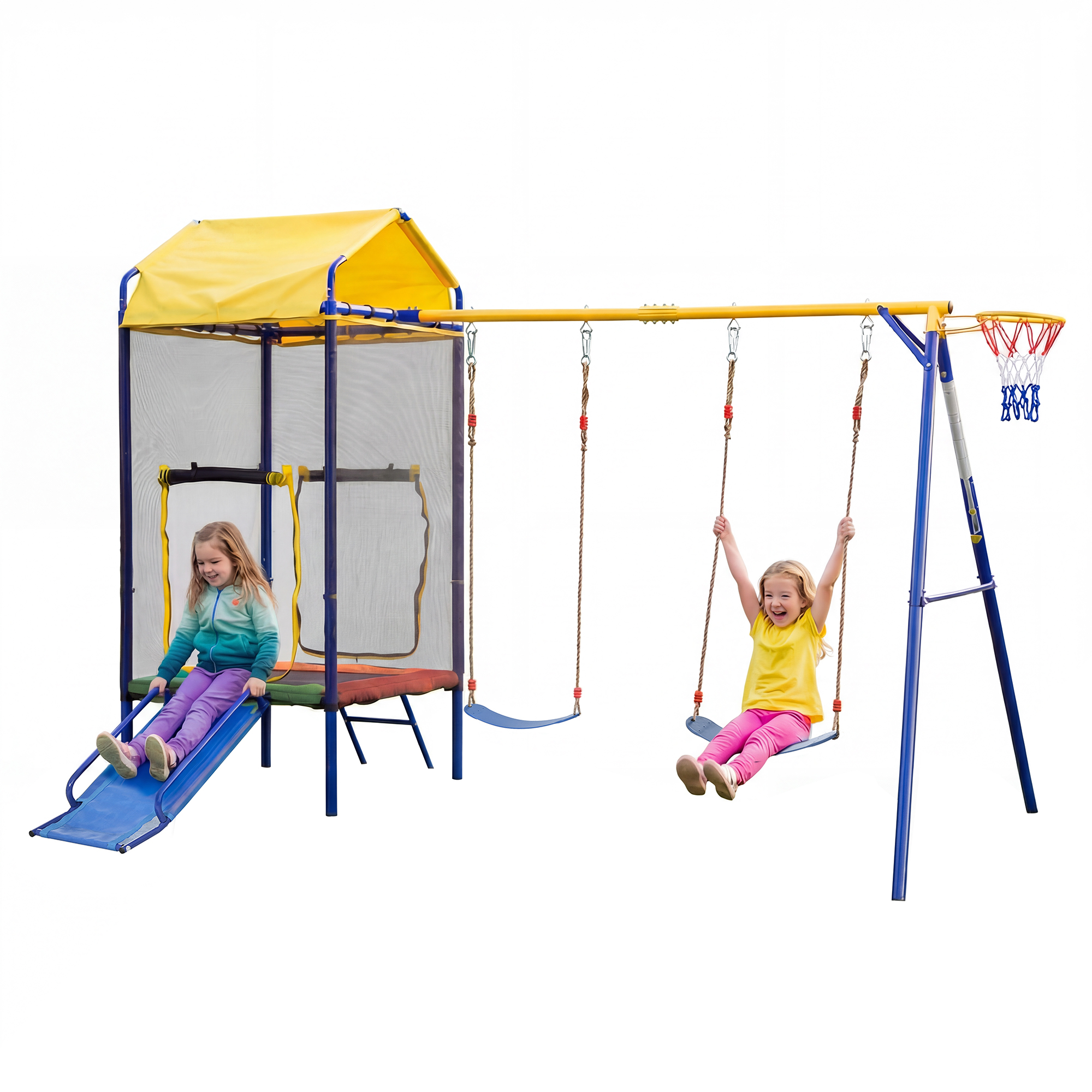 Multifunctional Outdoor Swing Set, Outdoor Children's Climbing Frame With Trampoline, Swing & Slide Multifunctional Playground Equipment For Garden, With Safety Net, Basketball Hoop & Sturdy Iron Fr