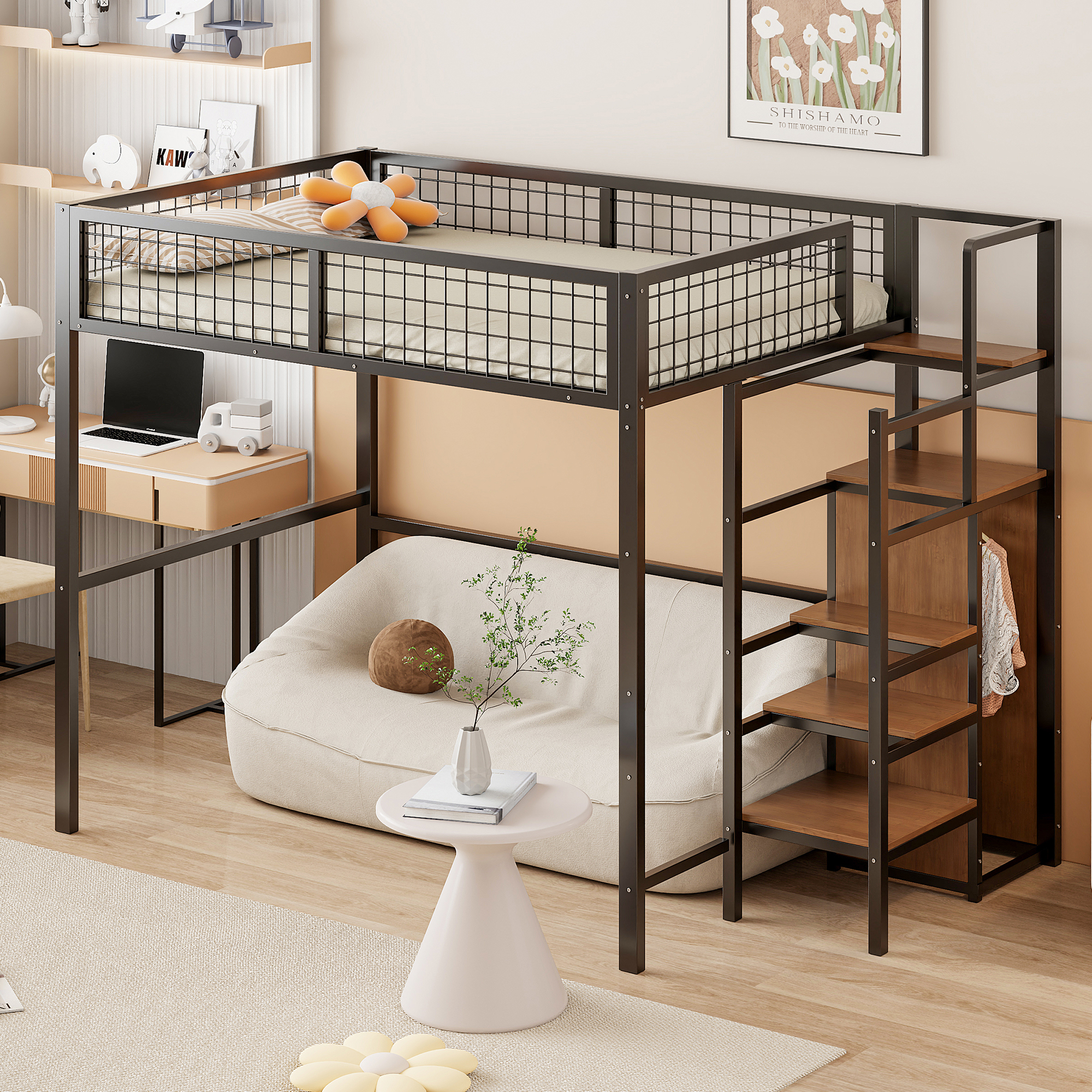 Loft Bed 140X200 With Ladder, Cot With Iron Frame And Storage Shelf, Wardrobe Black  Old SKU LDB00198AAB