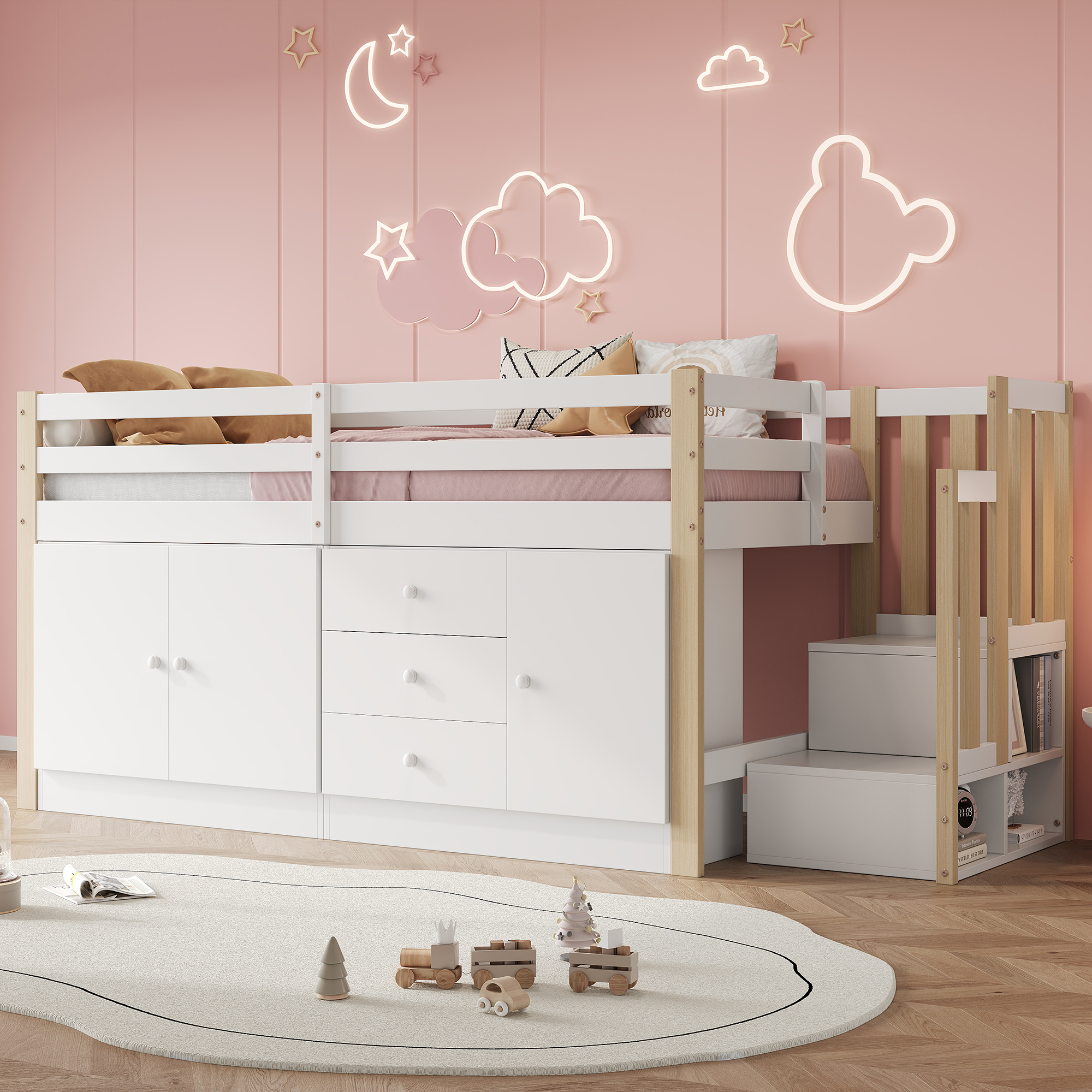 Children's Loft Bed, Cot, Single Bed, Multifunctional Cot, With Stairs, With Drawers, With 2 Storage Cupboards And Clothes Rail, Without Mattress, White 90x200