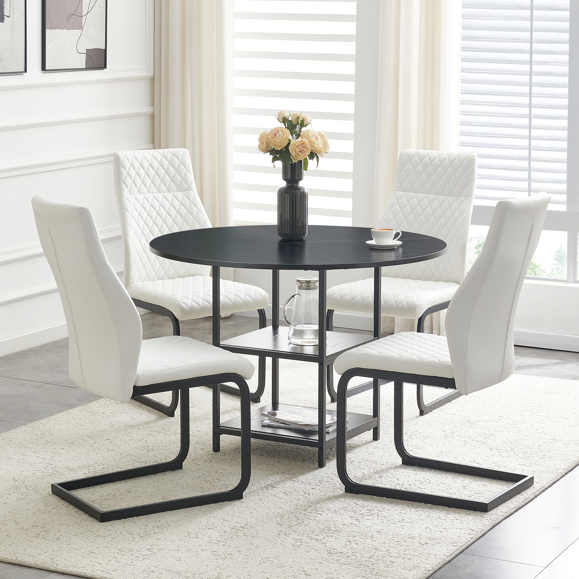Table And Chair Set. Round 107 Cm Dining Table With Double Storage Level  4 White Dining Chairs With Diamond Pattern, MDF  Industrial Style Metal, Suitable For European Households.